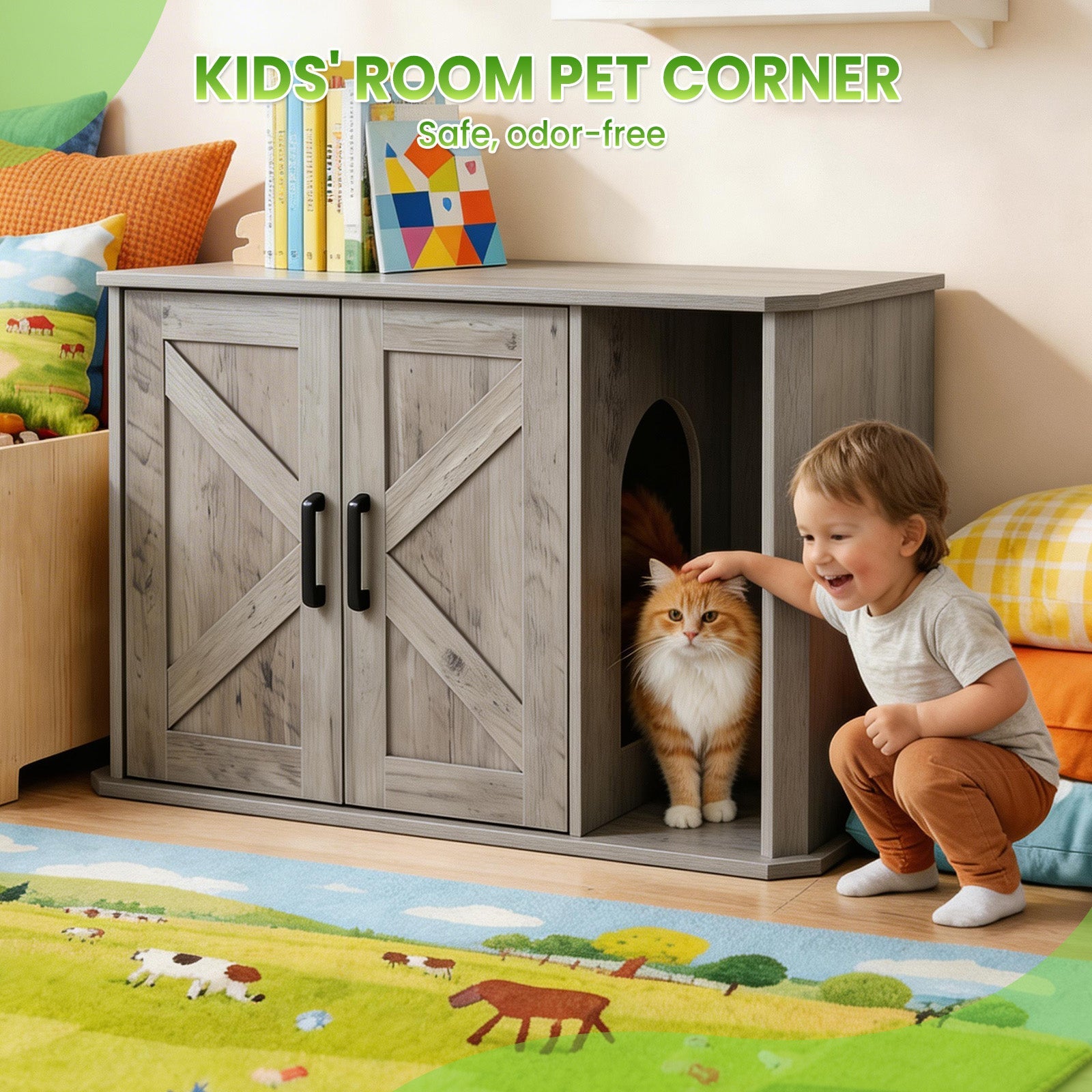 Garvee Modern Wooden Cat Litter Box Furniture – Double-Door Hidden Washroom Cabinet with Side Entry – Easy to Clean, Odor Resistant – Large Cat House End Table – Gray Color