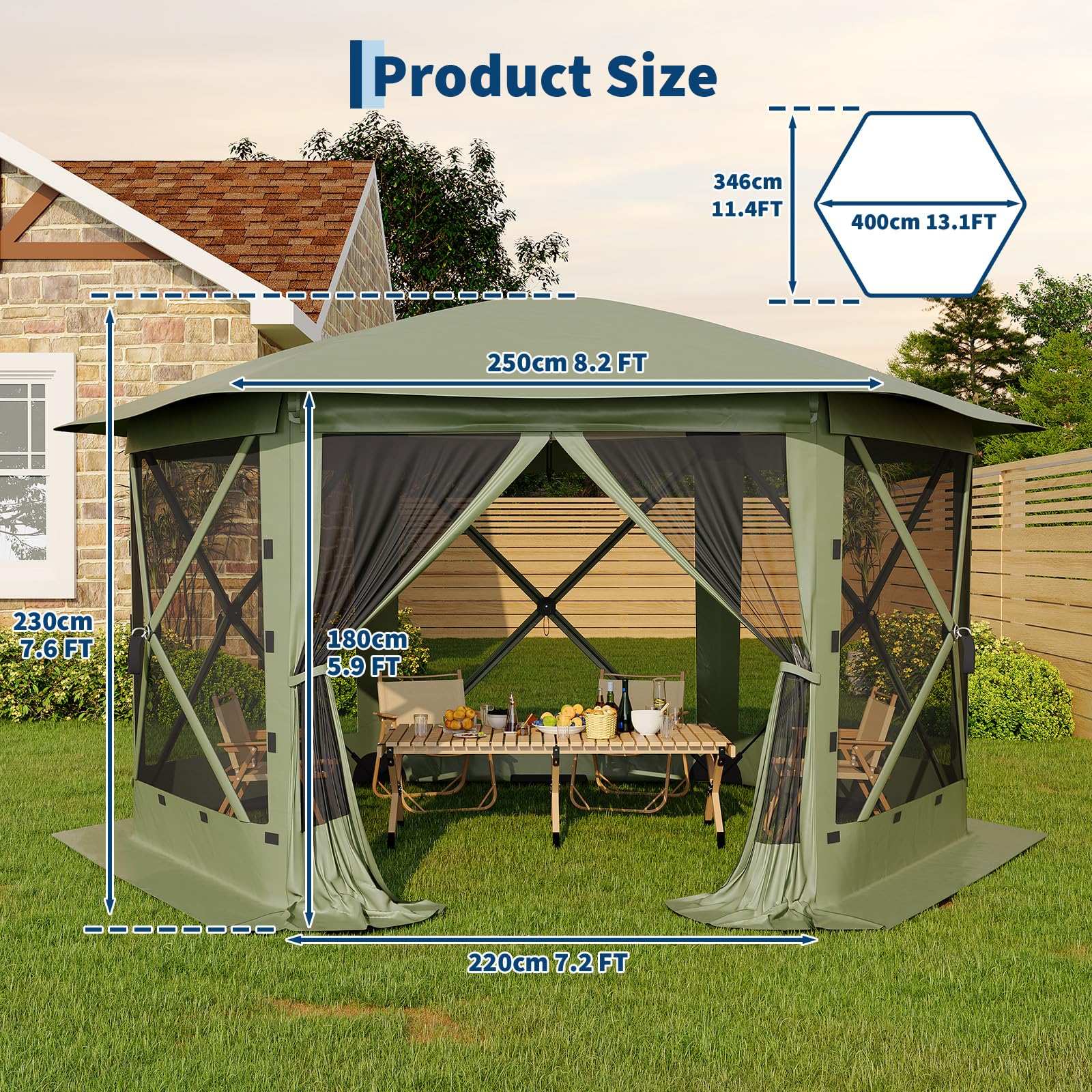 Garvee 13' x 13' Green Screen Tent, 6-Sided Quick-Set Outdoor Canopy Shelter with Removable Top, Bite-Proof Mesh, PU-Coated Oxford Fabric for Camping Patio