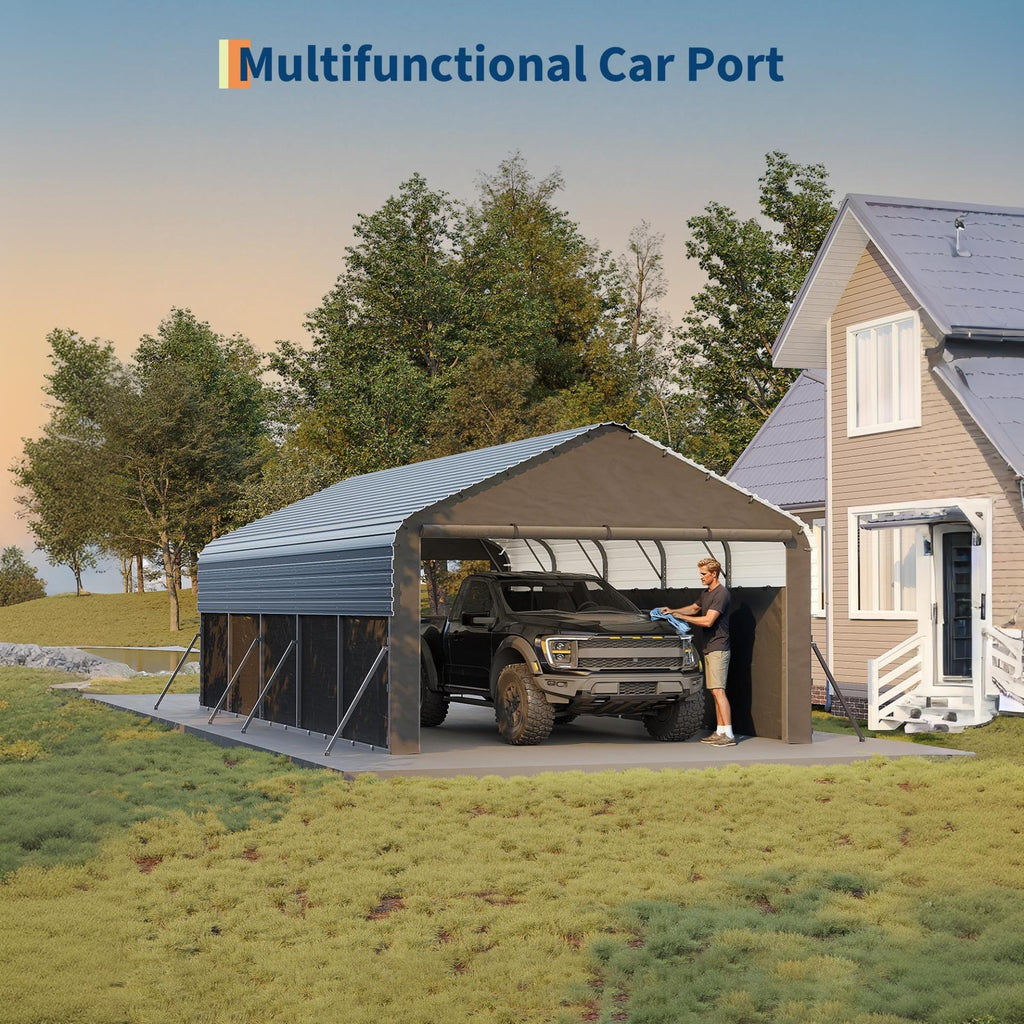 Garvee Enclosed Metal Carport 12×24 ft, 220g PE Tarp, 1.6" 19-Gauge Steel Frame with Roll-Up Doors for Trucks Boats Tractors