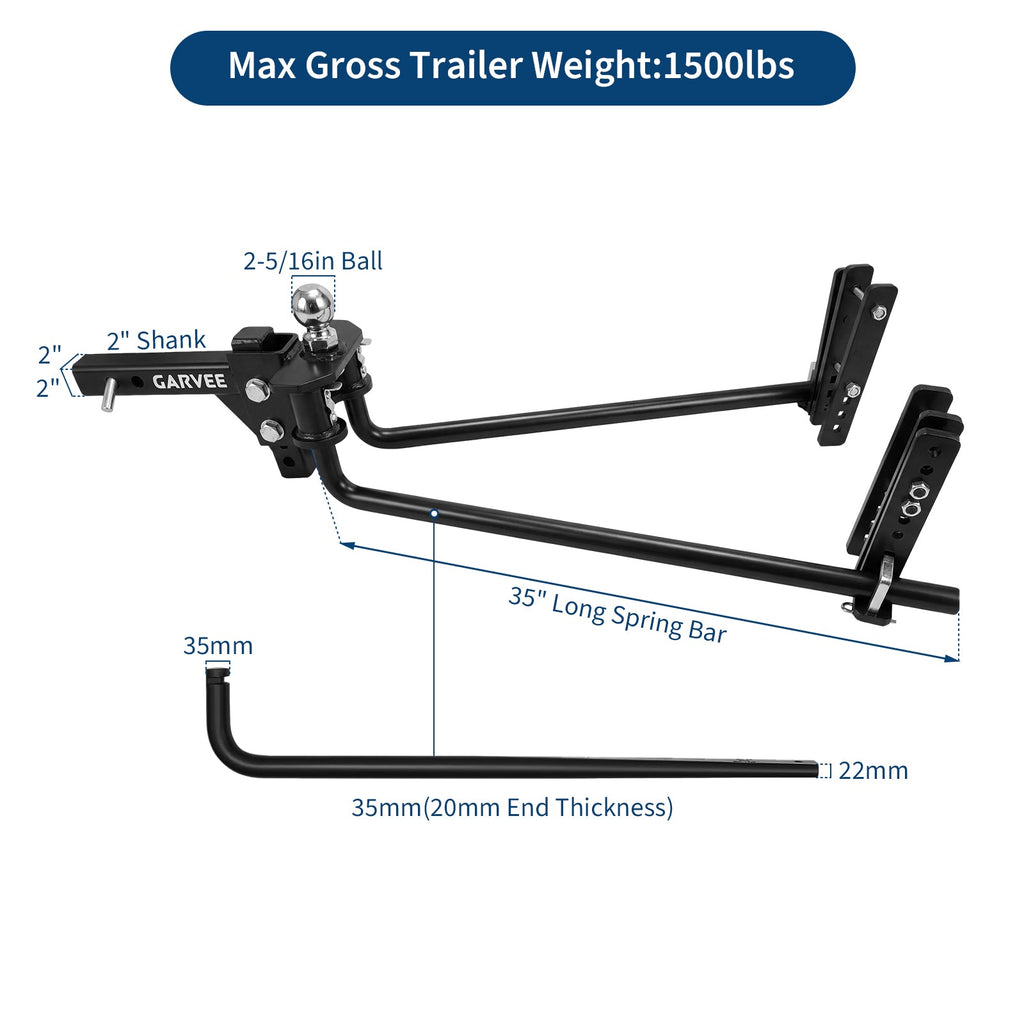 Garvee 1,000 lbs Weight Distribution Hitch with Sway Control – 2" Sturdy Steel Shank, 2-5/16" Ball, Anti-Sway Load Leveling, Rust-Resistant Towing for Trailers, Campers, RVs – 1,000 lb Weight Distribution Hitch Kit