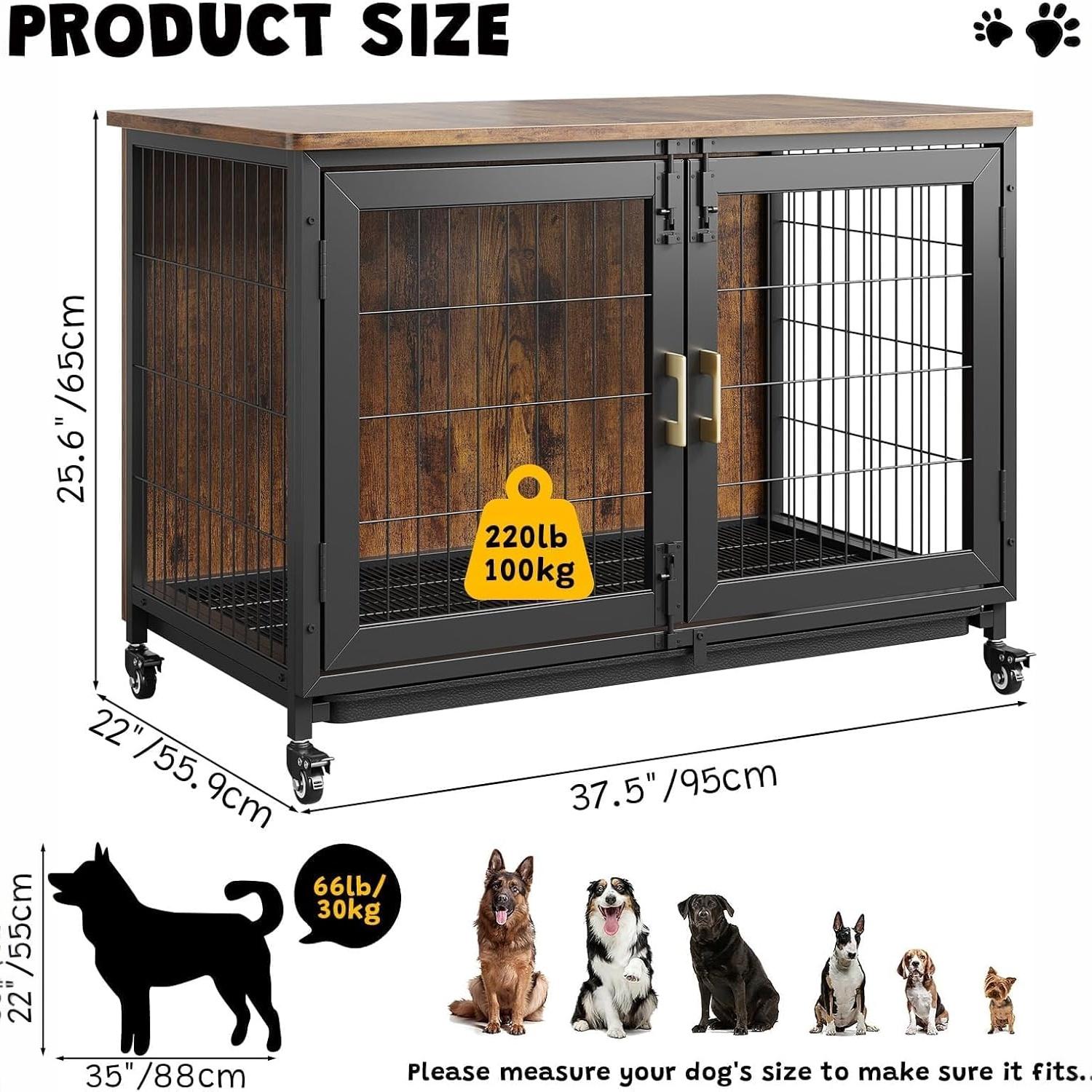 Garvee 37.5" Heavy Duty Dog Crate Furniture with Durable Steel Frame, Removable Tray, Locking Wheels, 300lb Capacity Indoor Kennel for Large Dogs, Multi-Functional Pet Cage & Storage Table