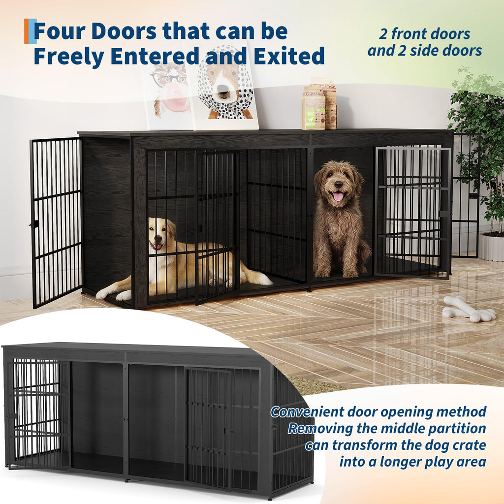 Garvee 94.5" Extra Large Dog House Furniture, Heavy Duty Wooden Dog Kennel Indoor End Table, TV Stand  for Large/Medium Dogs, 4 Doors, Divider, Storage, Adjustable Feet, Gray