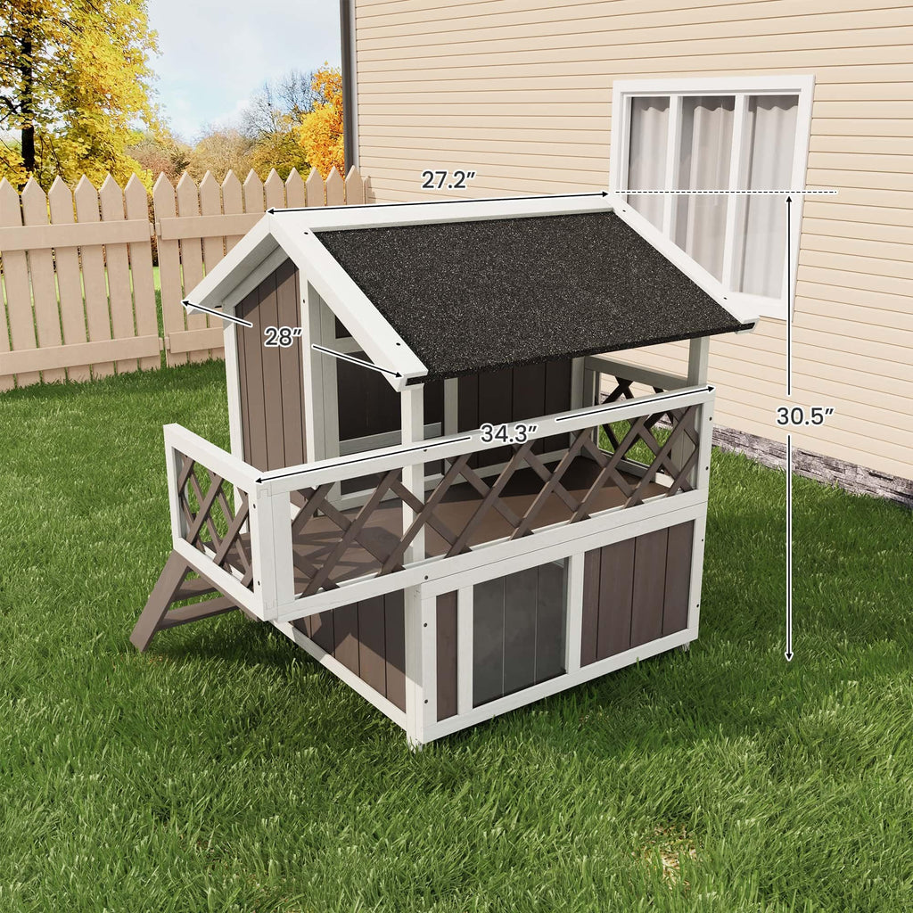 Garvee Insulated Outdoor Cat House Weatherproof with Balcony and Shade, Side Steps, Railings & Raised Floor, Asphalt Roof, All-Around Insulation 2-Story Wooden Feral Cat Shelter for Small Animals