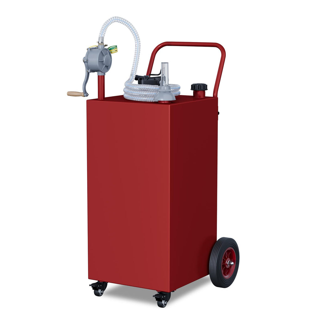 Garvee 40 Gallon Fuel Caddy Portable Gasoline Diesel Tank with Two-Way Rotary Pump & 9.8ft Hose Carbon Steel 4 Flat-Free Wheels Anti-Static Clamp for Cars Boats ATVs， Red