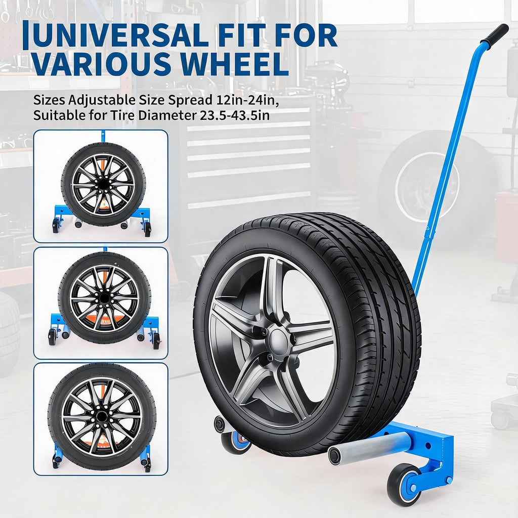 Garvee Heavy Duty Adjustable Tire Wheel Dolly – 330lbs Capacity, 23.5"-43.5" Width, 8in 360° Rollers – For Semi Truck, Large Vehicle, SUV, ATV, RV, Trailer – Material Handling – Blue