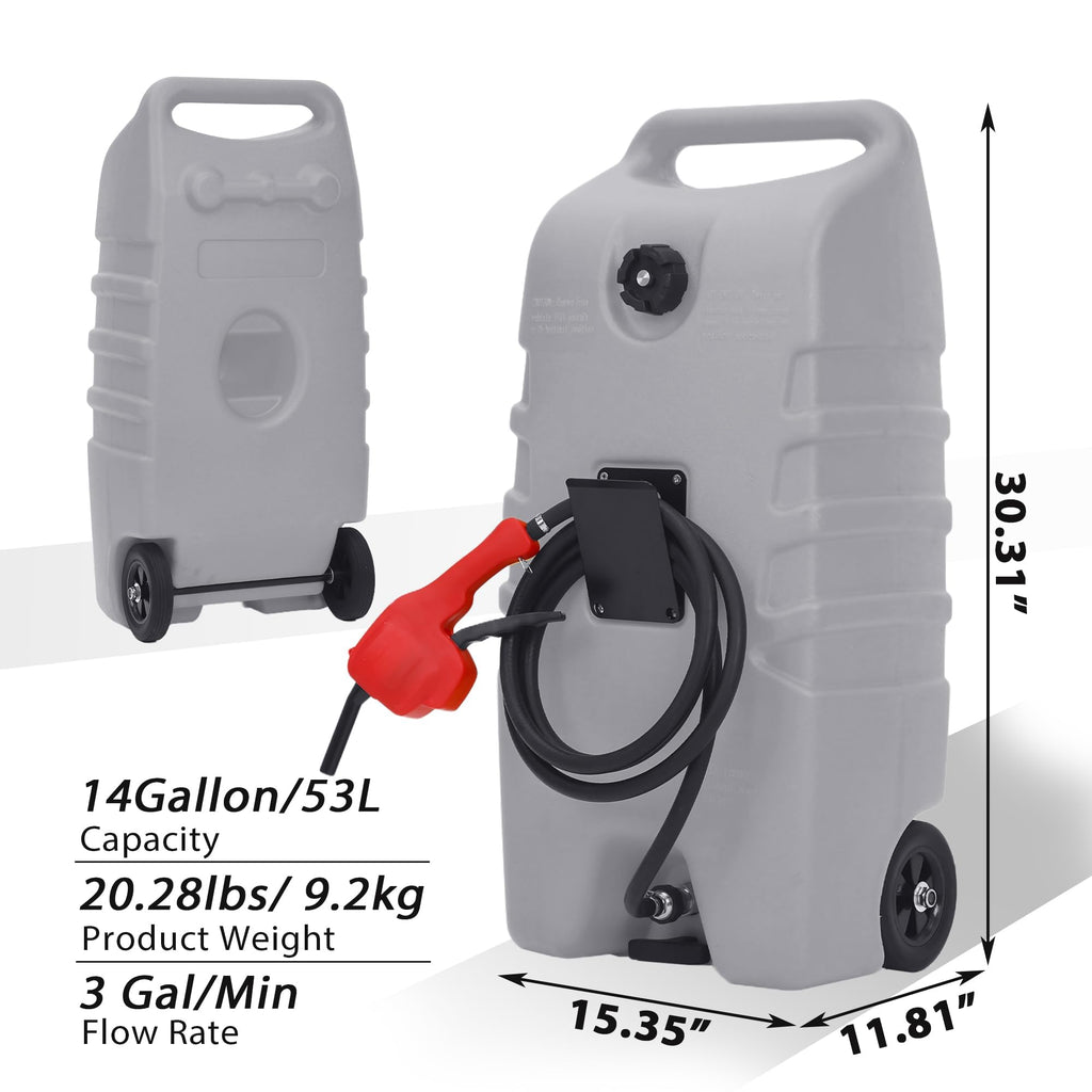 Garvee 14 Gallon Gas Can Fuel Caddy with Manual Pump, Leak-Proof Dual-Valve, HDPE Material, Wheels & 10ft Hose, for Cars & Boats, Grey