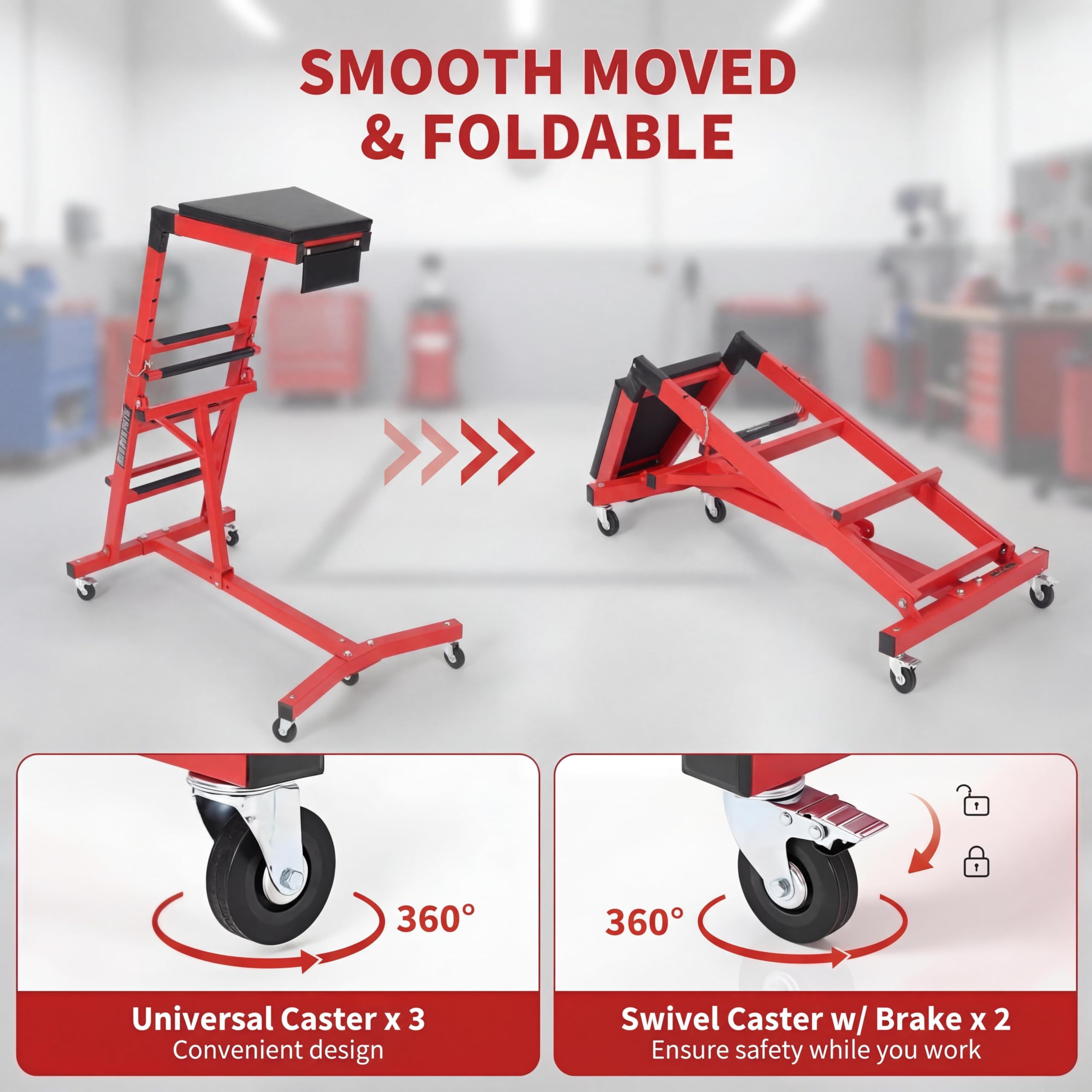Garvee Topside Automotive Creeper for Trucks 49-76" Adjustable Height Heavy Duty 400 LBS Steel Foldable with Cushioned Pad & Lockable Casters for Garage Use, Red
