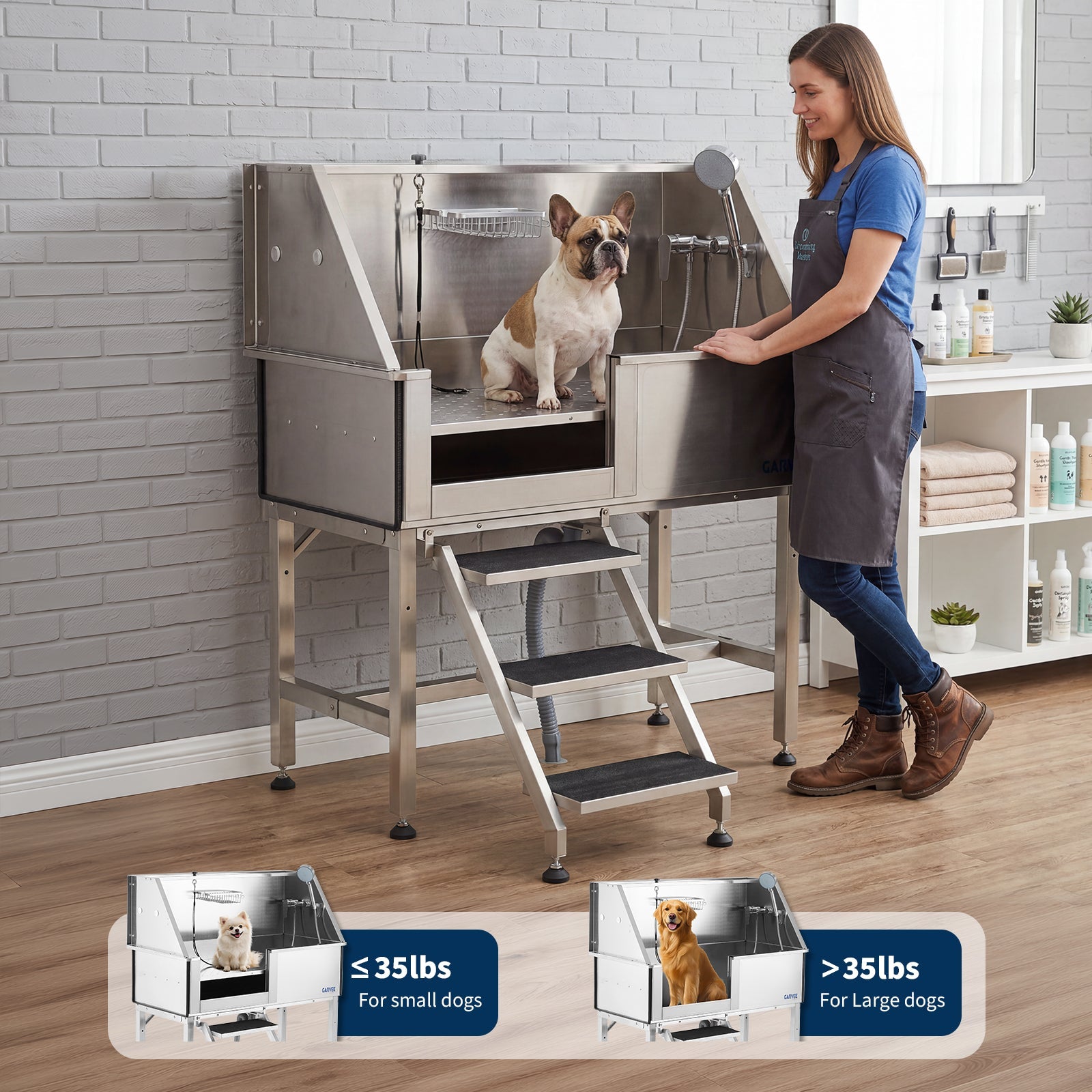 Garvee 46 Inch Stainless Steel Dog Washing Station, Heavy Duty Pet Grooming Bathtub with Access Stairs, Brushed Finish, Left Door Options