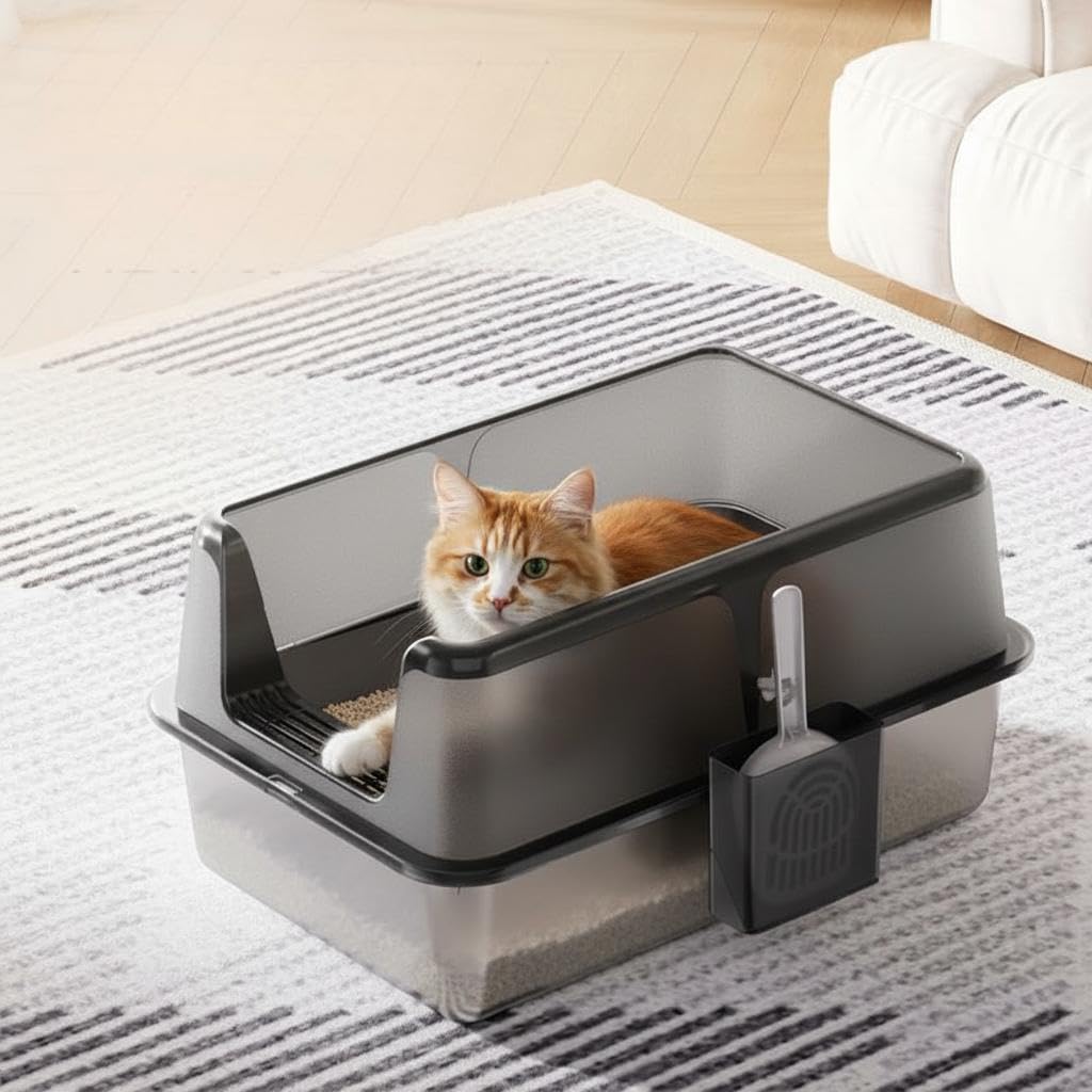 Garvee Non-Stick Stainless Steel Litter Box, Side Opening Splash-Proof & Leak-Proof Large Metal Cat Litter Box with Lid & Scoop, Easy-Clean & Durable, 6" Deep Black