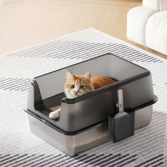 Garvee Non-Stick Stainless Steel Litter Box, Side Opening Splash-Proof & Leak-Proof Large Metal Cat Litter Box with Lid & Scoop, Easy-Clean & Durable, 6" Deep Black