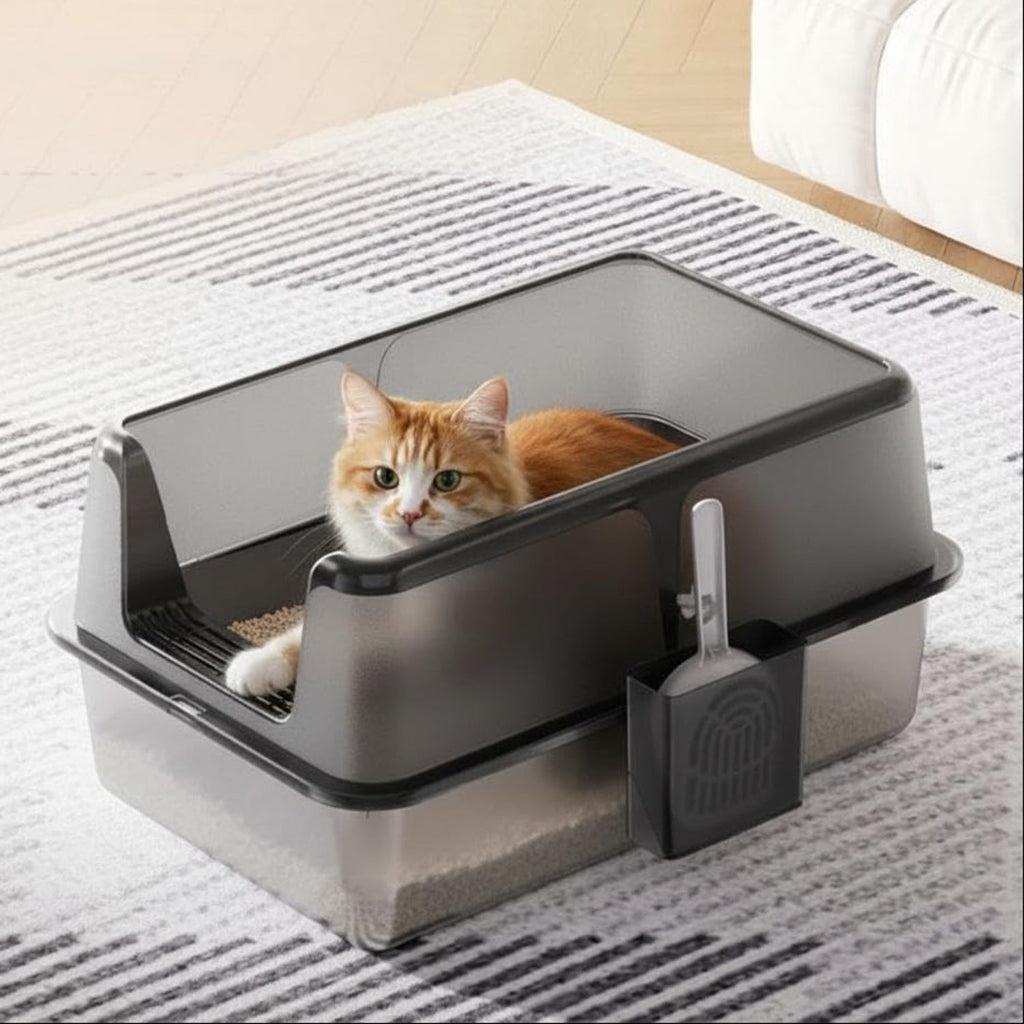Garvee Non-Stick Stainless Steel Litter Box, Side Opening Splash-Proof & Leak-Proof Large Metal Cat Litter Box with Lid & Scoop, Easy-Clean & Durable, 8" Deep Black