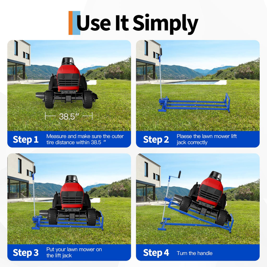 Garvee 880 lb Heavy Duty Lawn Tractor Lift Jack, 0-35° Adjustable Tilt Angle Riding Mower Lift with 27.5" Max Lift Height, Manual Hand Crank or Power Drill Operation, Collapsible Storage Maintenance Hoist for Zero Turn, ATV, Garden Tractors, Blue