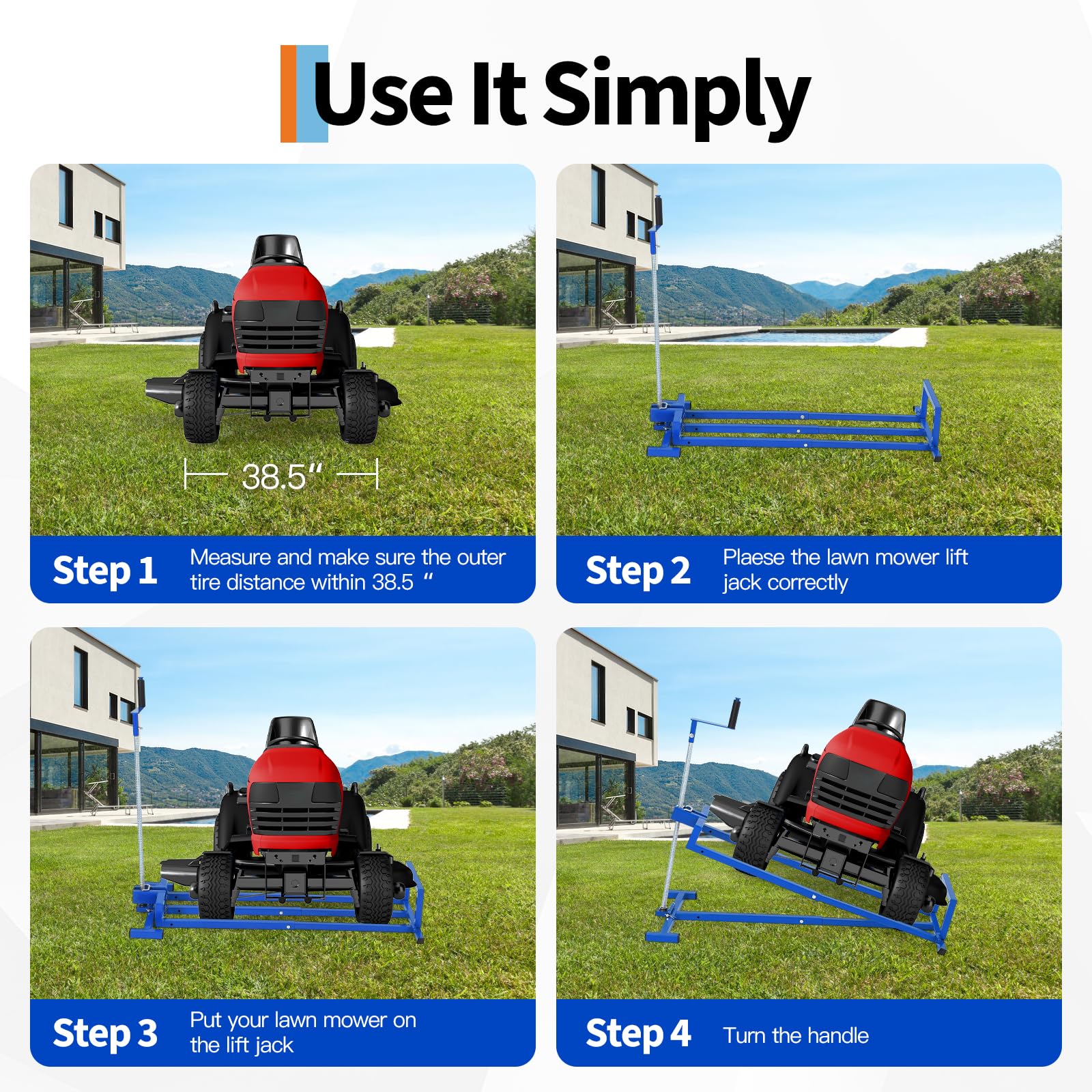 Garvee 880 lb Heavy Duty Lawn Tractor Lift Jack, 0-35° Adjustable Tilt Angle Riding Mower Lift with 27.5" Max Lift Height, Manual Hand Crank or Power Drill Operation, Collapsible Storage Maintenance Hoist for Zero Turn, ATV, Garden Tractors, Blue