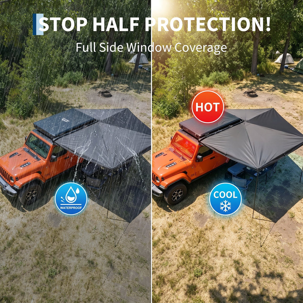 Garvee Heavy Duty 270° Vehicle Awning - 2M Waterproof Blackout Sun Shelter, Ripstop Oxford for SUV Truck Camping - Black, Driver Seat