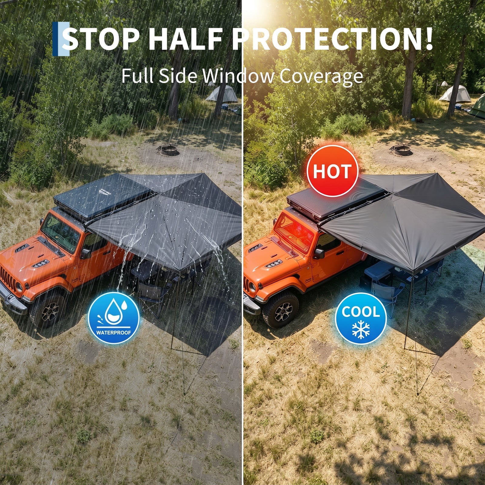 Garvee Heavy Duty 270° Vehicle Awning - 2M Waterproof Blackout Sun Shelter, Ripstop Oxford for SUV Truck Camping - Black, Driver Seat