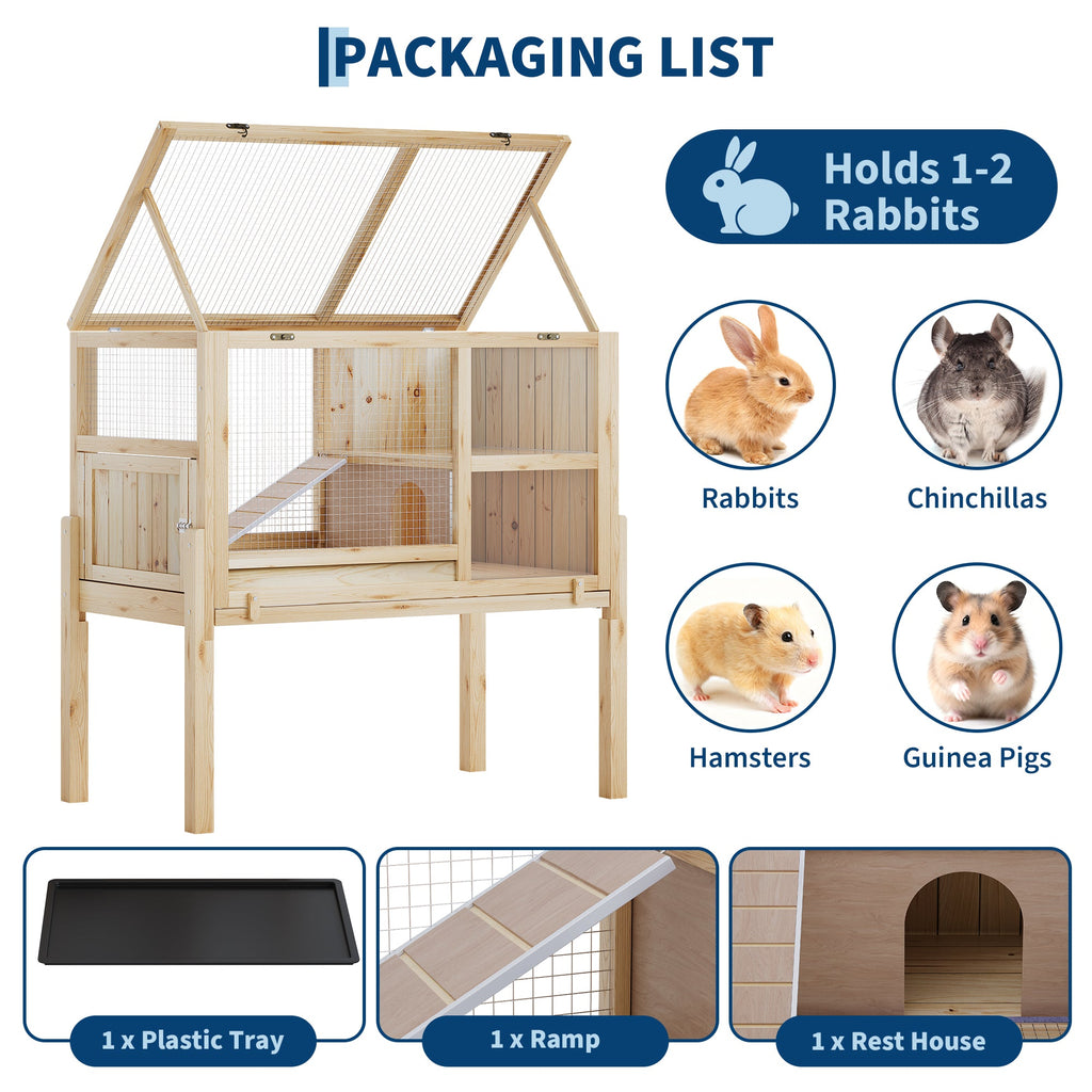Garvee 38" Wooden Guinea Pig Cage with Stand, 2-Story Small Animal Habitat with Clear View Panels, Pull-Out Tray & Lockable Door, Rabbit Hutch, Brown