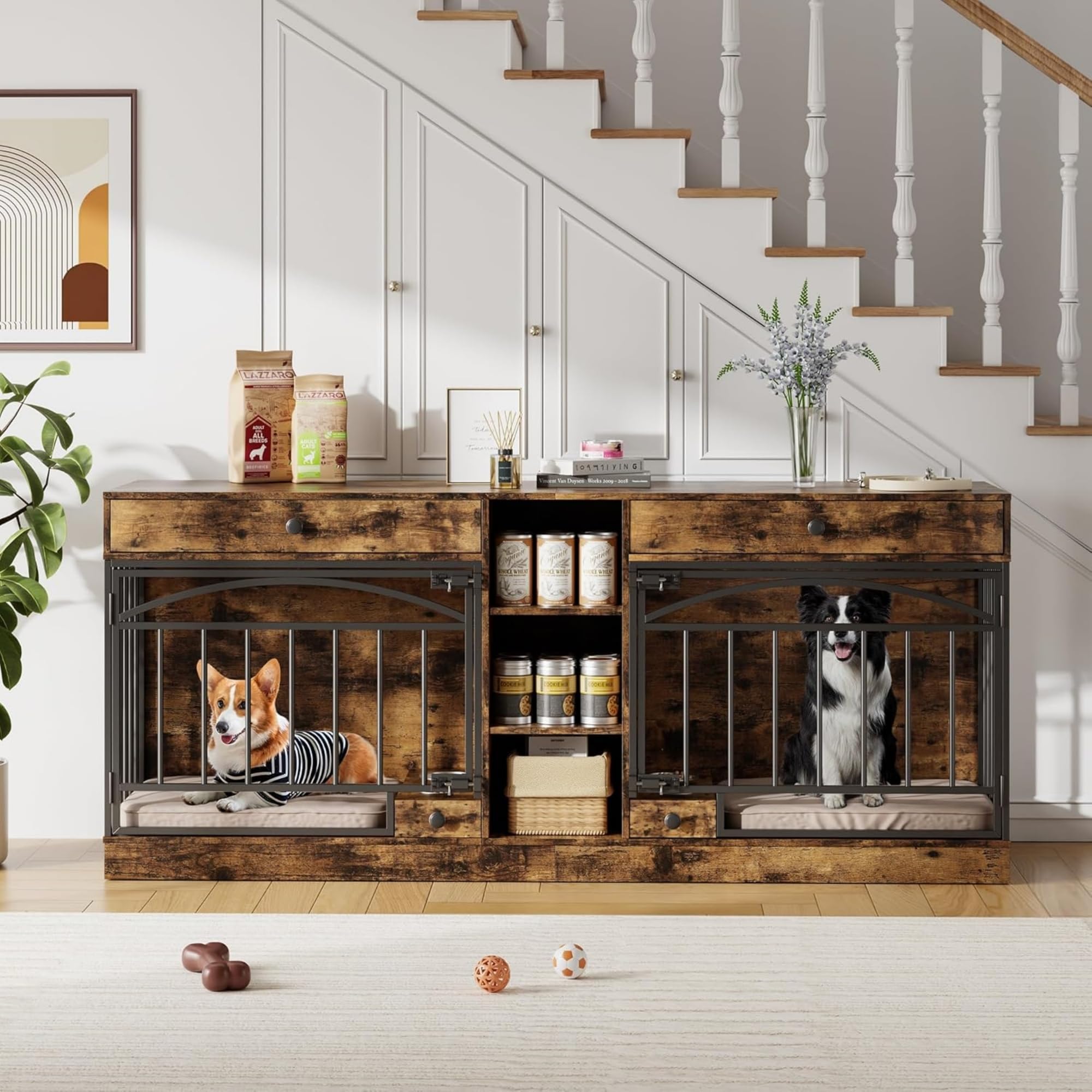 Garvee Dog Crate Furniture for 2 Dogs, 78.7" Large Dog Kennel Indoor with 2 Storage Drawers, 3 Shelves and Feeding Bowls, Double Dog Crate TV Stand for Small and Medium Dogs, Brown