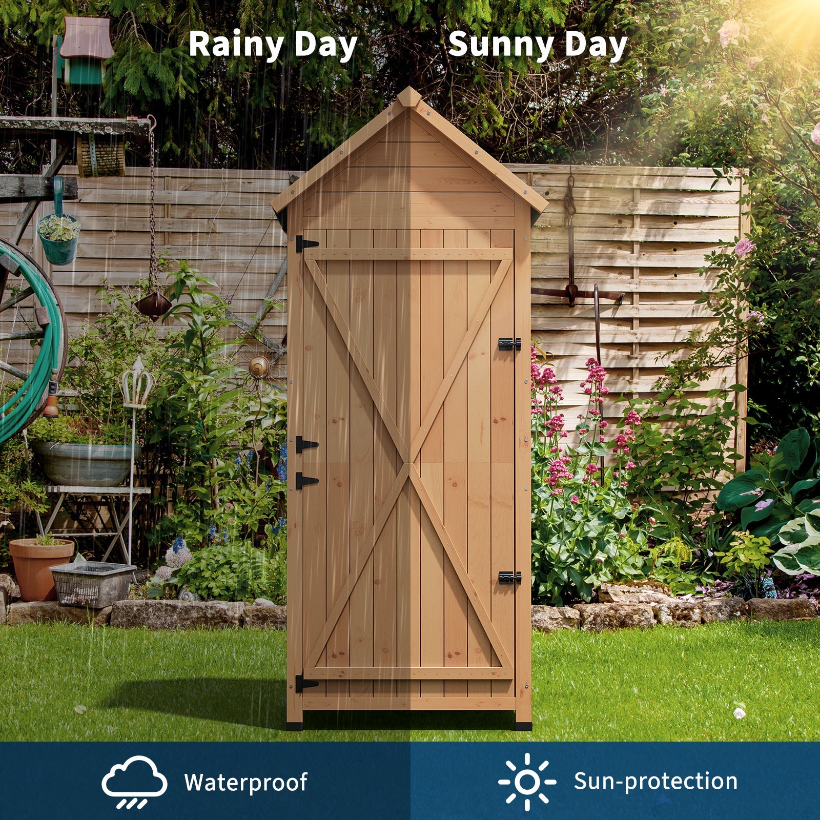 Garvee 63'' Wood Shed Waterproof, Tall Vertical Outdoor Storage Cabinet with 4 Shelves & Lockable Door, Space-Saving Garden Tool Shed for Patio, Yard, Lawn, Garden