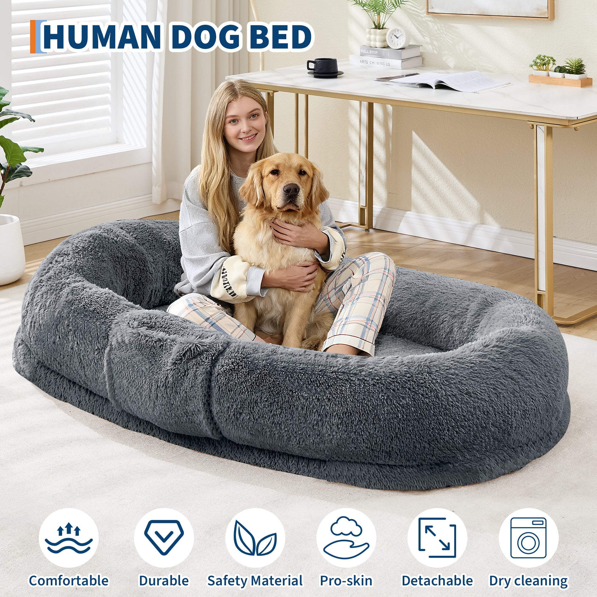 Garvee XL Orthopedic Memory Foam Dog Bed for Adults & Pets – Oversized Bean Bag Lounger, Washable Faux Fur, Side Pocket, Waterproof, No Assembly, Calming Nest for Anxiety Relief – Navy Blue