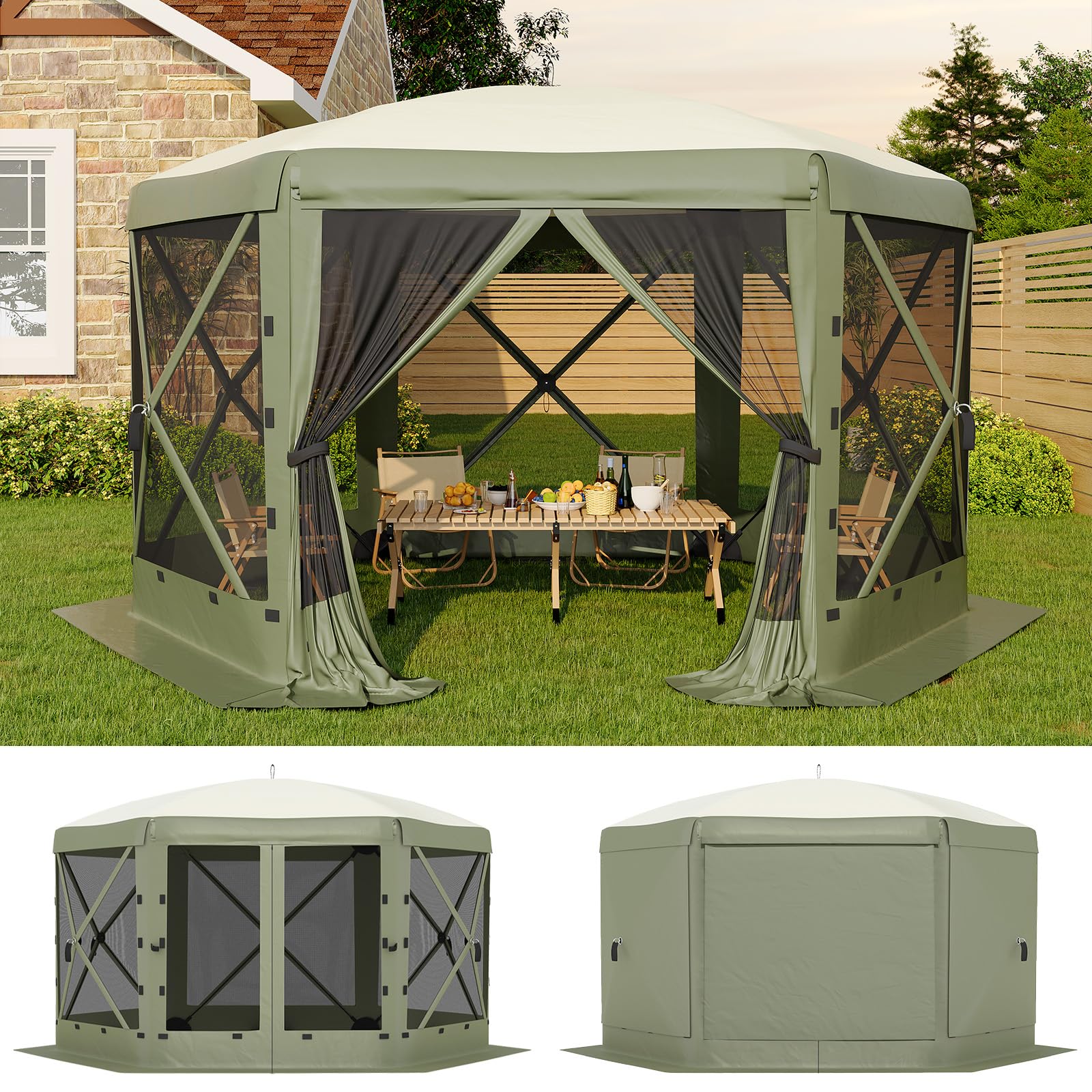Garvee 13 x 13 ft Screen Tent with 6 Wind Panels, Instant Pop-Up Outdoor Canopy with Mesh Walls, Carry Bag & UPF50+ Shade for Camping, Backyard & Patio, Army Green