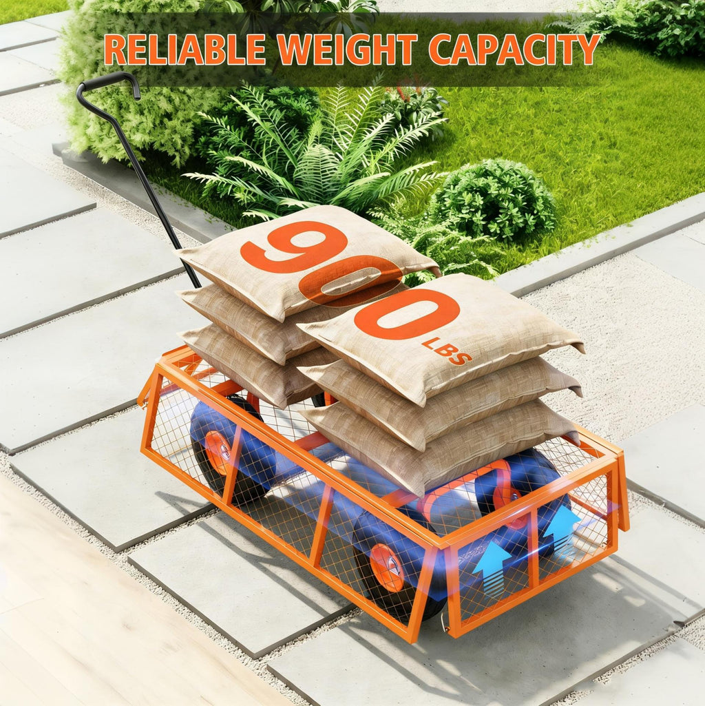 Garvee Orange Steel Garden Cart Wagon, 900 lbs Utility Yard Cart with Removable Mesh Sides, 10" Wheels, 180° Handle & 9.03 Cu.Ft. Cargo Bed
