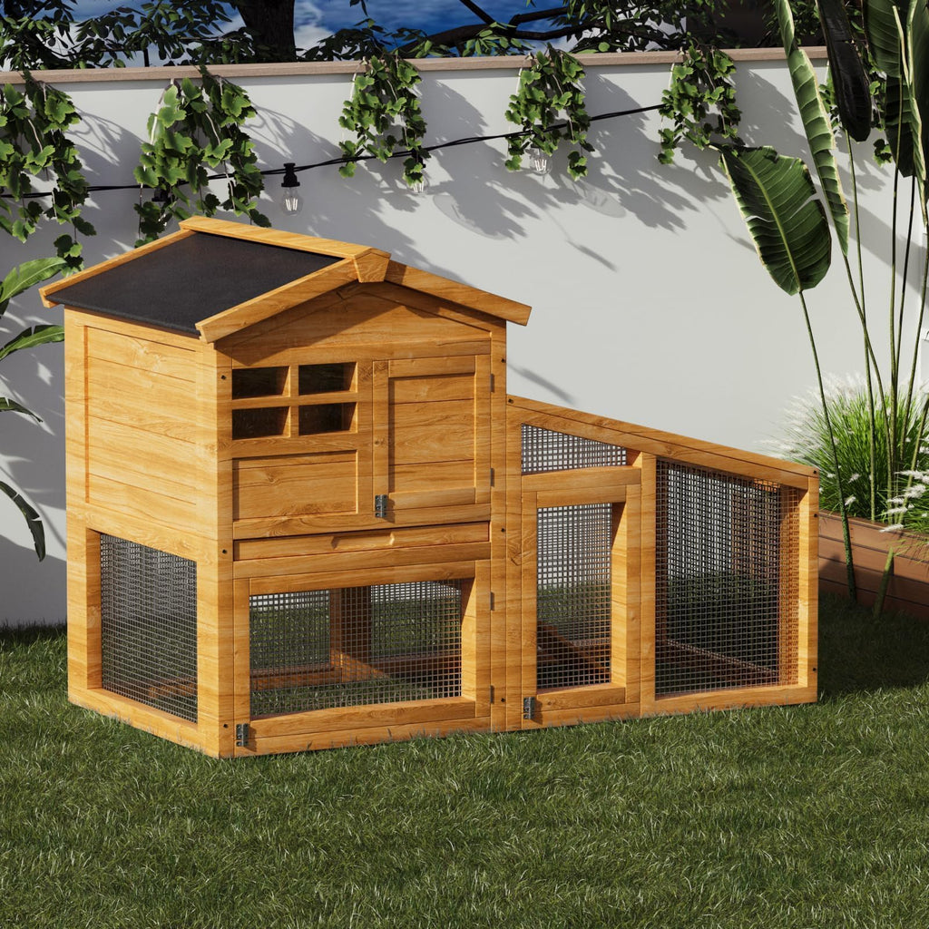 Garvee 2-Tier 53" Wooden Small Animal Cage, Weatherproof Rabbit Hutch with Non-Slip Ramp, Leak-Proof Removable Tray, Anti-Chew Metal Frame, Asphalt Roof, Ideal for Rabbits, Guinea Pigs, Rufous White