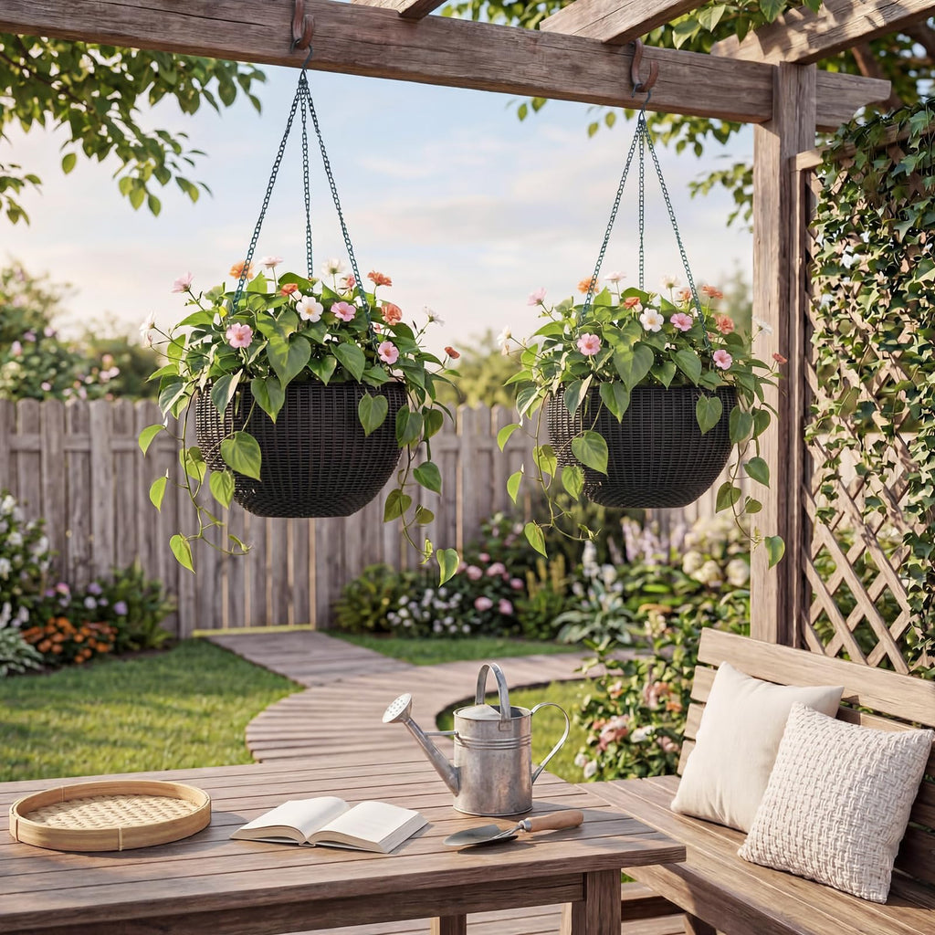Garvee Self-Watering Hanging Planters for Indoor & Outdoor Plants, 4-Pack 13.8 in Resin Baskets with Rattan Look, Drainage Plugs and Triple-Chain Hangers