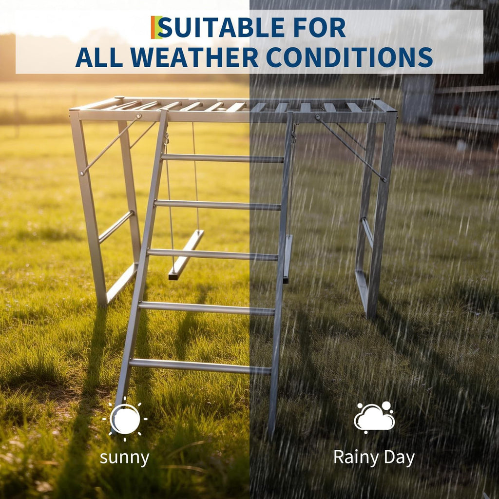 Garvee Metal Chicken Roosting Bars with Swing & Ladder, Heavy Duty, Weatherproof Carbon Steel, 4-Tier Exercise Perch, Silver, for Backyard Farms