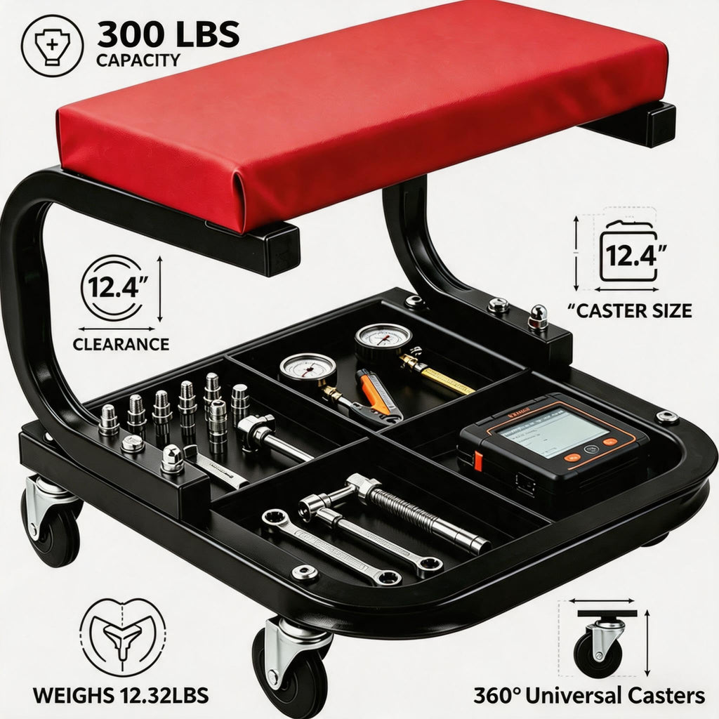 Garvee Heavy Duty Rolling Mechanic Creeper Seat – 250 lbs Capacity – Padded Garage Workshop Stool – Built-in Tool Tray – Comfortable & Durable, Black Red