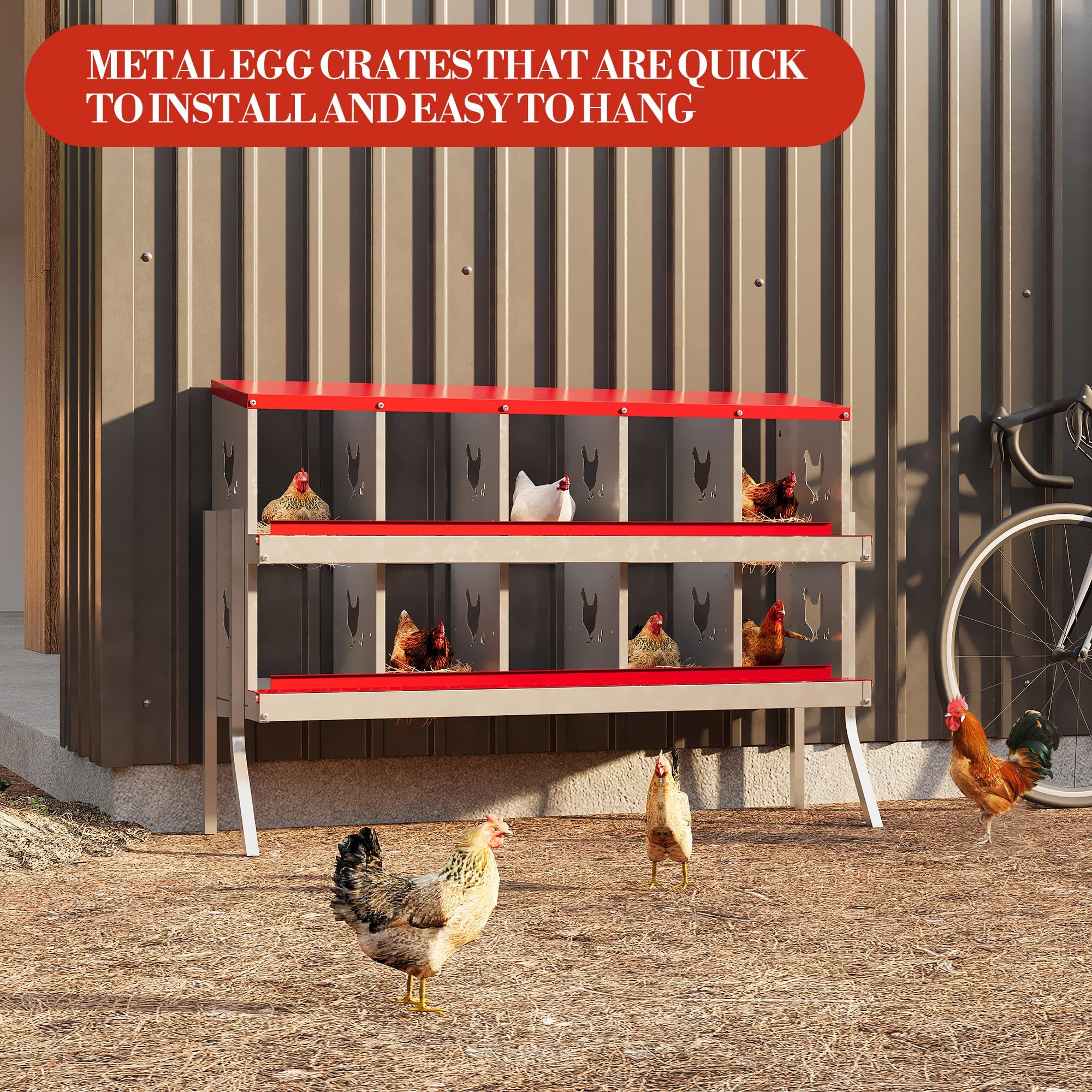 Garvee 10-Compartment Metal Chicken Nesting Box – Rustproof Roll-Away Egg Collection, Easy-Clean Ventilated Hen Coop Accessory, Secure Lid & Swing Perch, for Hens Ducks Poultry, Red, 10 Grids (Without Bracket)