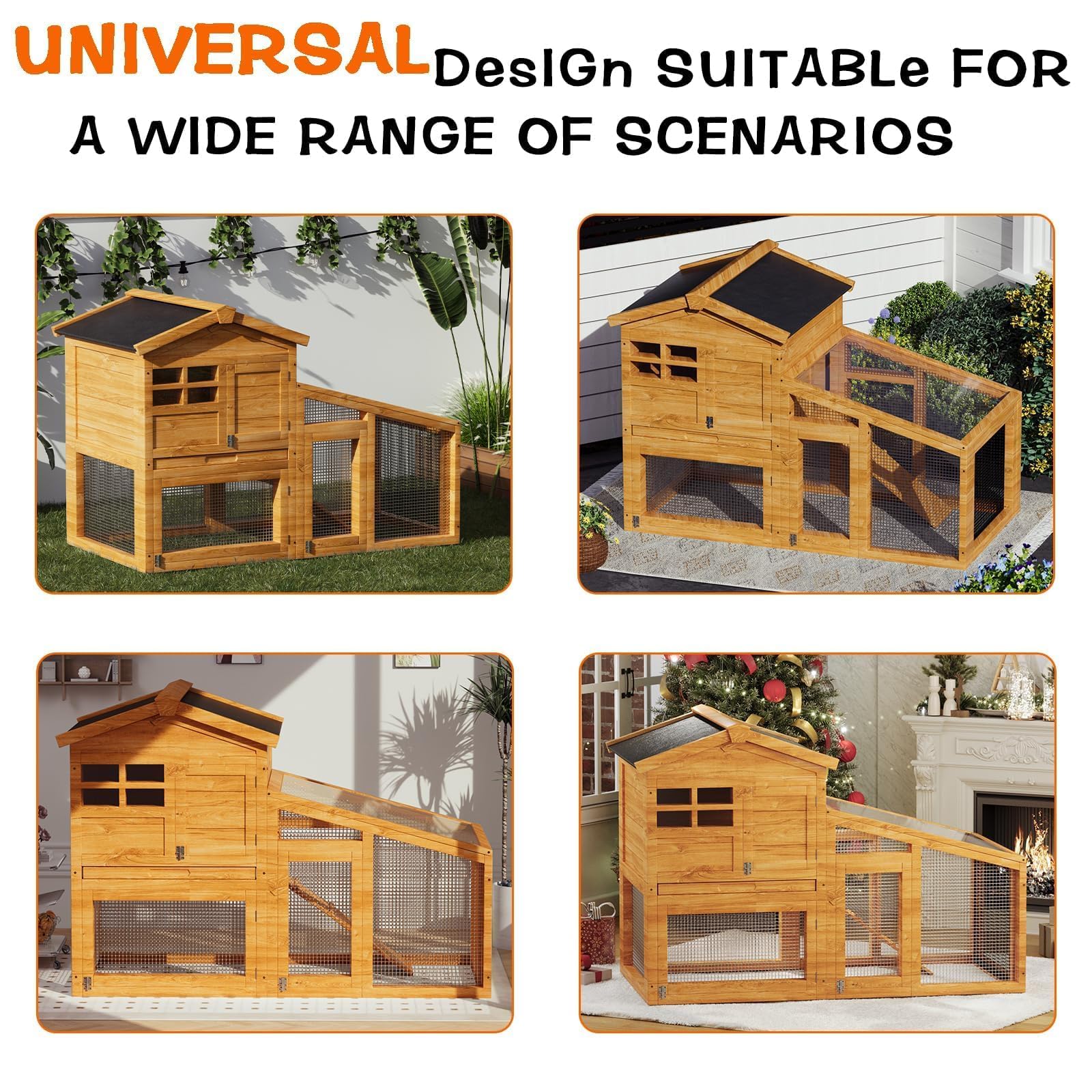 Garvee 2-Tier 53" Wooden Small Animal Cage, Weatherproof Rabbit Hutch with Non-Slip Ramp, Leak-Proof Removable Tray, Anti-Chew Metal Frame, Asphalt Roof, Ideal for Rabbits, Guinea Pigs, Rufous White