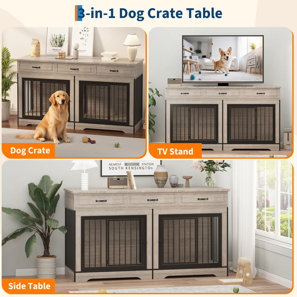 Garvee 71" Dog Crate Furniture for 2 Dogs, Heavy Duty Double Dog Kennel with 3 Drawers, Extra Large Furniture Style Indoor Dog Crate Table TV Stand  for Medium/Large Dogs, Light Gray