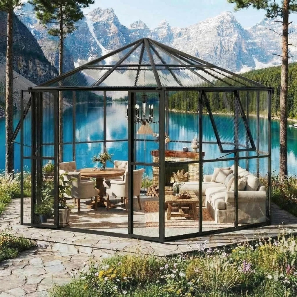 Garvee Hexagonal Walk-In Greenhouse 12×10×8 ft, 4mm UV-Resistant Polycarbonate Panels, 2 Vents & Dual Lockable Doors for Backyard Garden