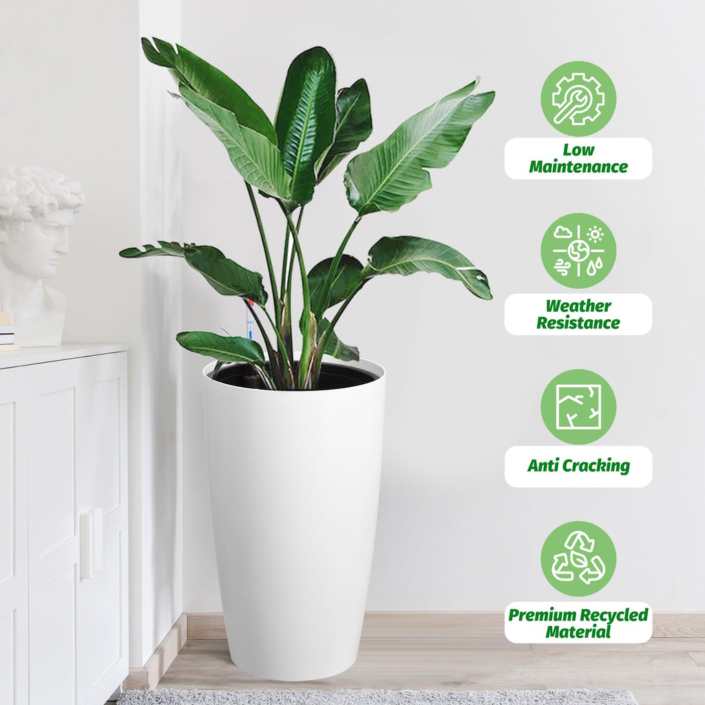 Garvee 22 in Self-Watering Tall Planters, 2-Pack White PP Flower Pots with Water Level Monitor, Inner Bucket & Drainage for Indoor Outdoor Patio, Porch and Entryway