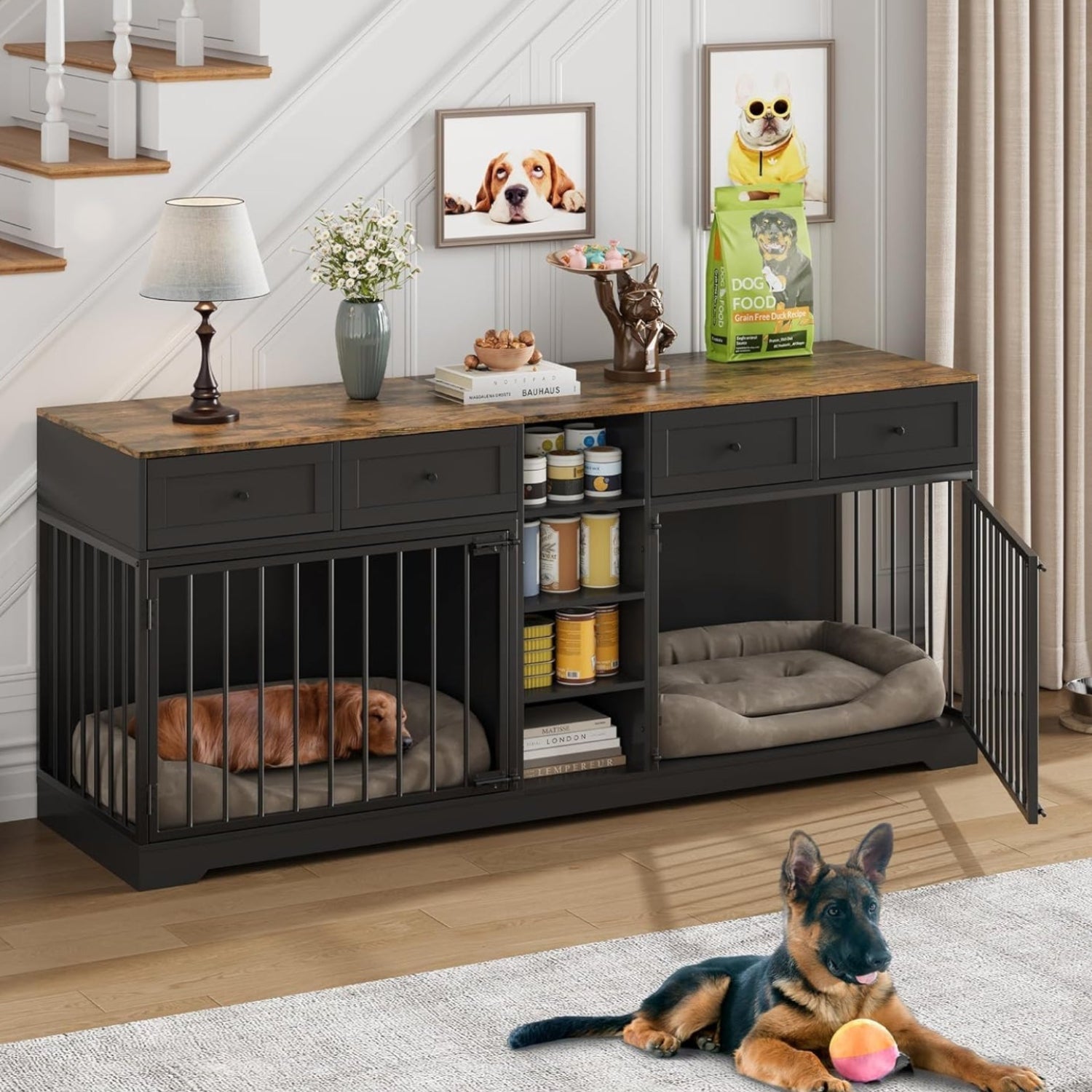 Garvee 82" Large Dog Crate for 2 Dogs, Dog Kennel Indoor with 4 Drawers and Shelves, Heavy Duty Double Dog Crate Furniture TV Stand, Wooden Dog Cage for Medium Large Dogs, Black+Brown