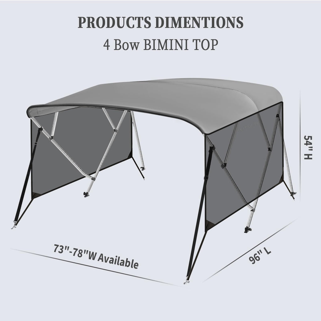 Garvee 4 Bow Bimini Top for Boats - 8'L x 54"H x 73"-78"W - 600D PU-Coated Light Gray Canvas Canopy with Translucent Side Curtains - 1" Aluminum Frame, UV Protection, Zippered Boot, Straps, Rear Support Poles - Color: Light Gray (Translucent Side Curtain)