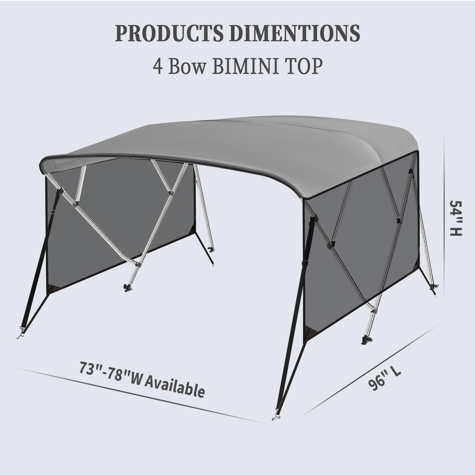 Garvee 4 Bow Bimini Top for Boats - 8'L x 54"H x 73"-78"W - 600D PU-Coated Light Gray Canvas Canopy with Translucent Side Curtains - 1" Aluminum Frame, UV Protection, Zippered Boot, Straps, Rear Support Poles - Color: Light Gray (Translucent Side Curtain)