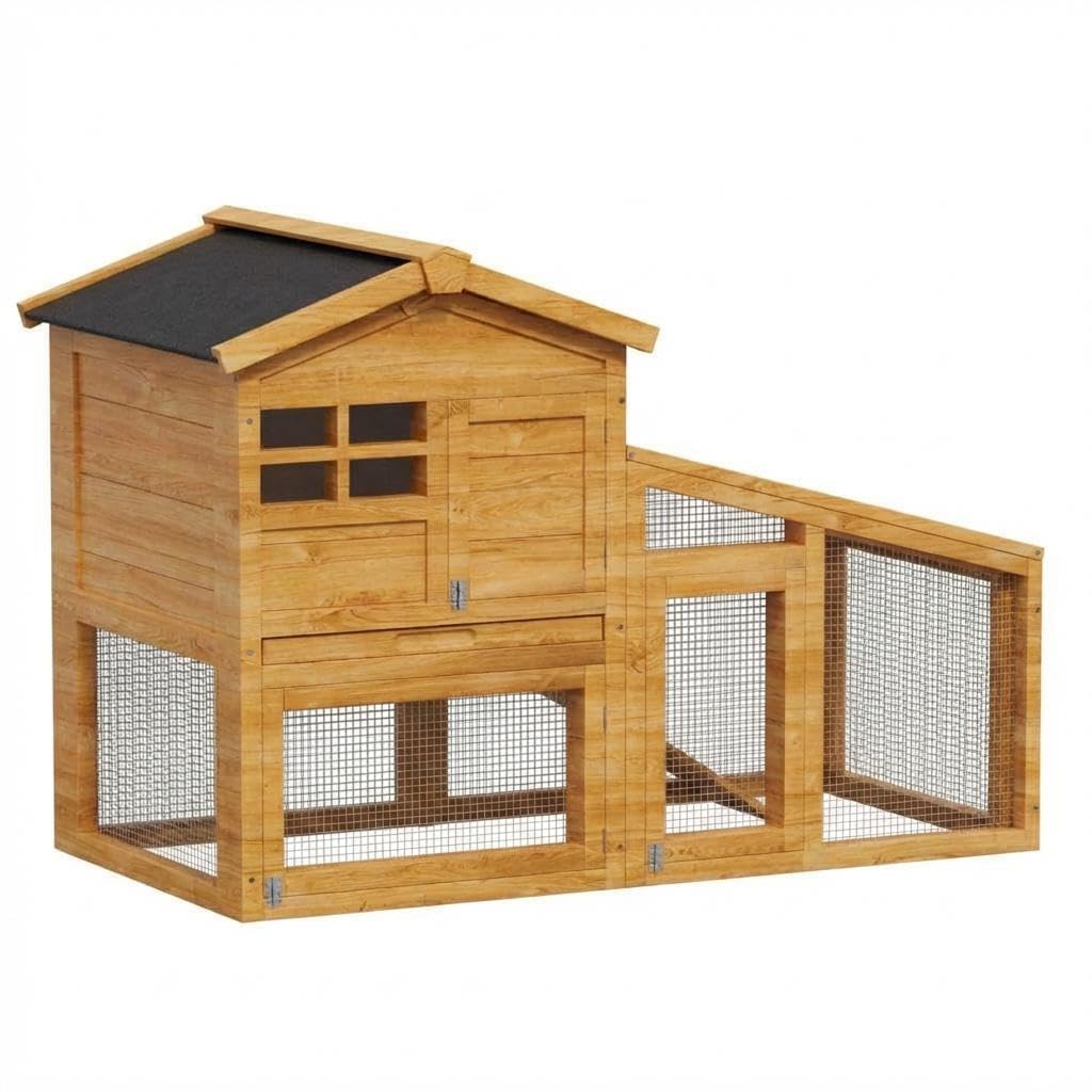 Garvee 2-Tier 53" Wooden Small Animal Cage, Weatherproof Rabbit Hutch with Non-Slip Ramp, Leak-Proof Removable Tray, Anti-Chew Metal Frame, Asphalt Roof, Ideal for Rabbits, Guinea Pigs, Rufous White