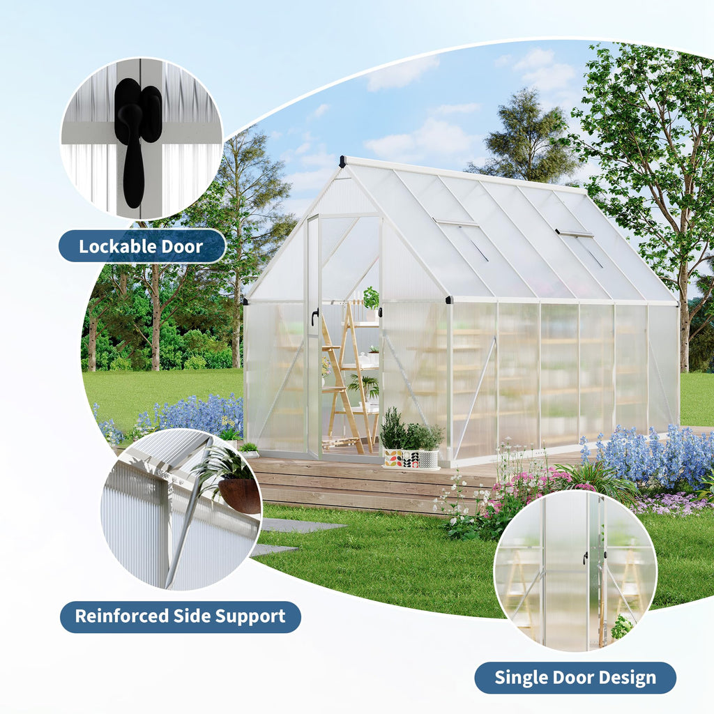 Garvee Heavy Duty Aluminum Polycarbonate Greenhouse Kit - 6x11 FT Large Walk-In Outdoor Garden Greenhouse with Roof Vent, Double Swing Doors, Quick Setup, Enhanced Ventilation - Silver