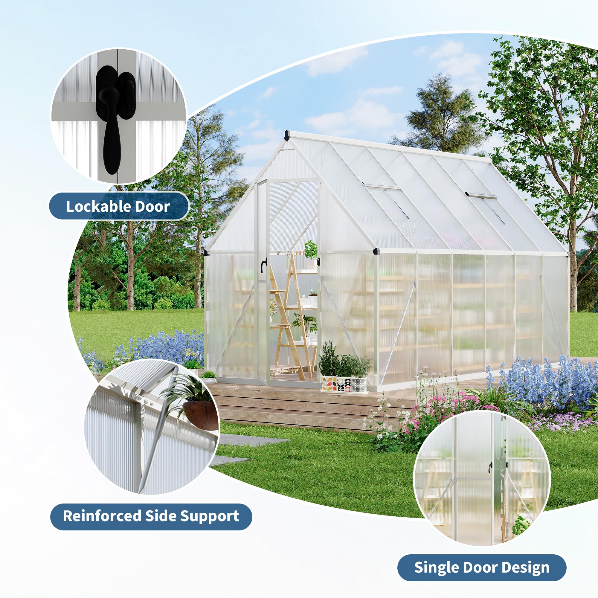 Garvee Heavy Duty Aluminum Polycarbonate Greenhouse Kit - 6x11 FT Large Walk-In Outdoor Garden Greenhouse with Roof Vent, Double Swing Doors, Quick Setup, Enhanced Ventilation - Silver