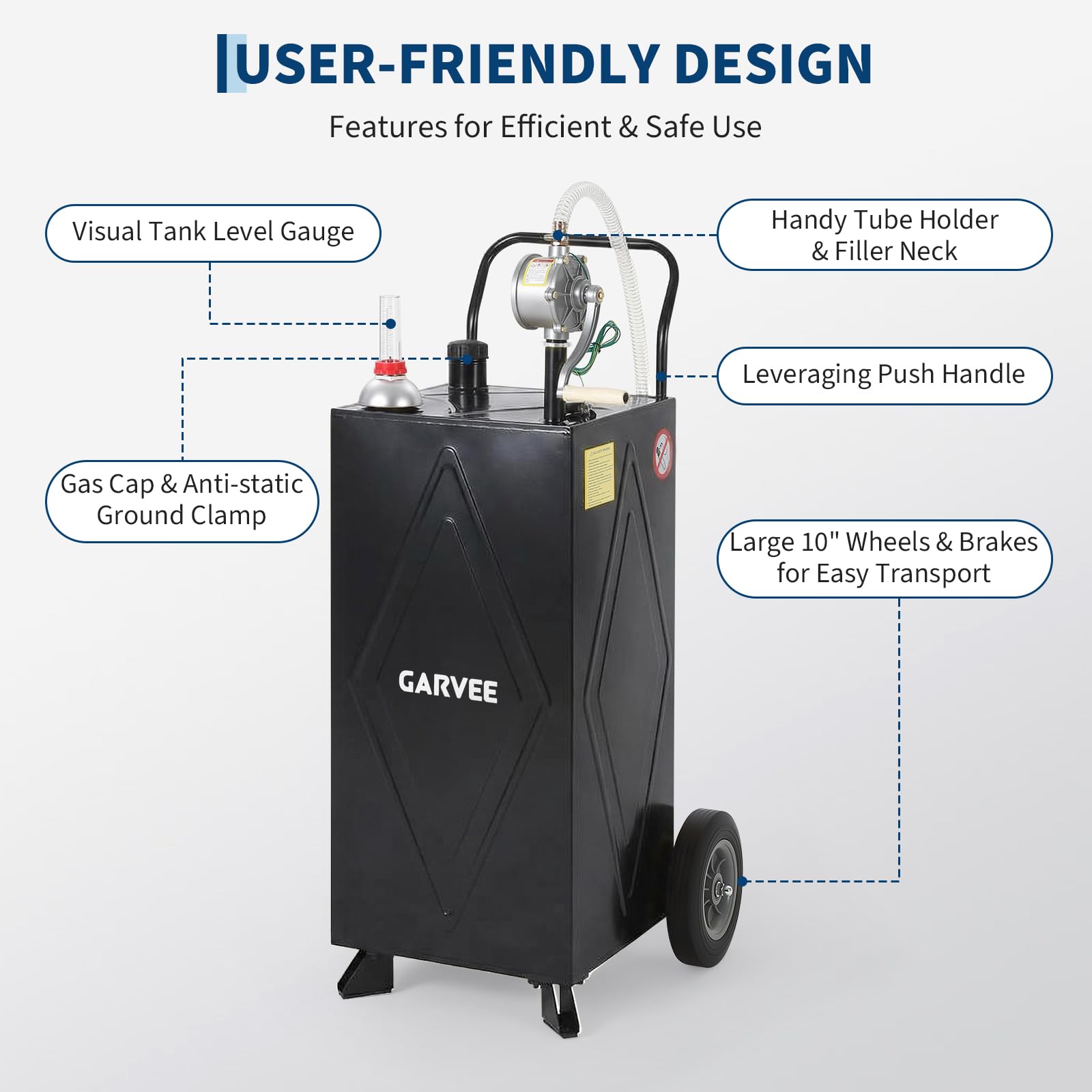 Garvee 35 Gallon Portable Fuel Gas Caddy Storage Tank – Reinforced 2-Wheel, 2-Support Design, Manual Rotary Pump, Fuel Hose, Wide Fill Neck, Level Gauge, Grounding Clamp – Mobile Gasoline/Fuel Transfer for ATV, Tractor, Lawn Mower, Car, Boat – Reinforced