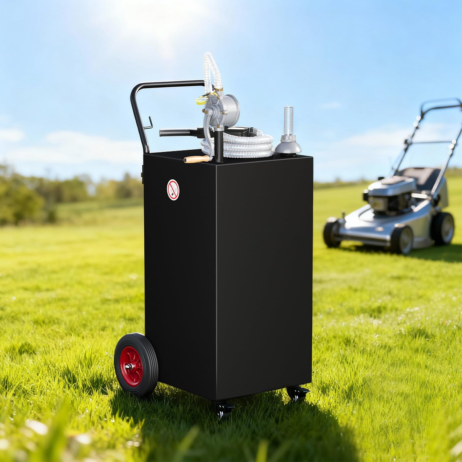 Garvee 35 Gallon Portable Fuel Caddy Gasoline Diesel Storage Tank with Two-Way Manual Pump Carbon Steel Anti-Static Clamp Black for Cars Lawn Mowers ATVs Boats