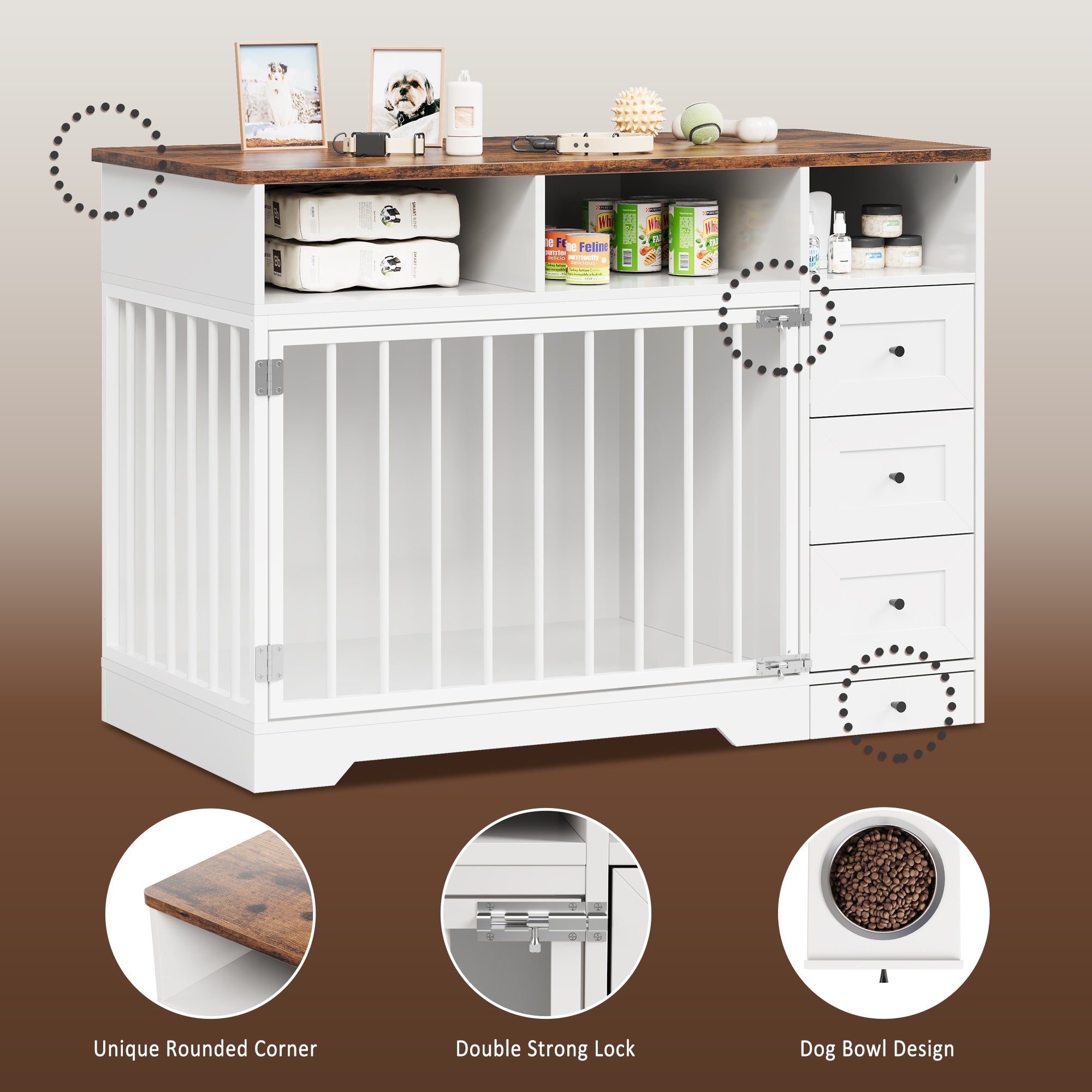 Garvee 48" Dog Crate Furniture with Bowls, Heavy Duty Dog Kennel End Table with 3 Storage Drawers, Locking Door, Farmhouse Style Pet Crate Cabinet for Medium Small Dogs, White