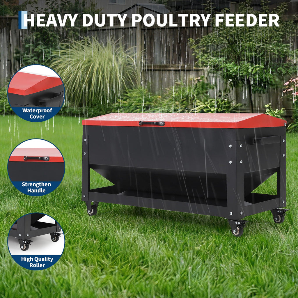 Garvee 120lbs Large Metal Chicken Feeder Box – Galvanized Steel, Automatic Poultry Feeding, Waterproof Red Lid, Brake Casters, Portable Handles – For Chickens, Ducks, Geese, Hens, Roosters, Quail, Turkey – Large - Red Lid