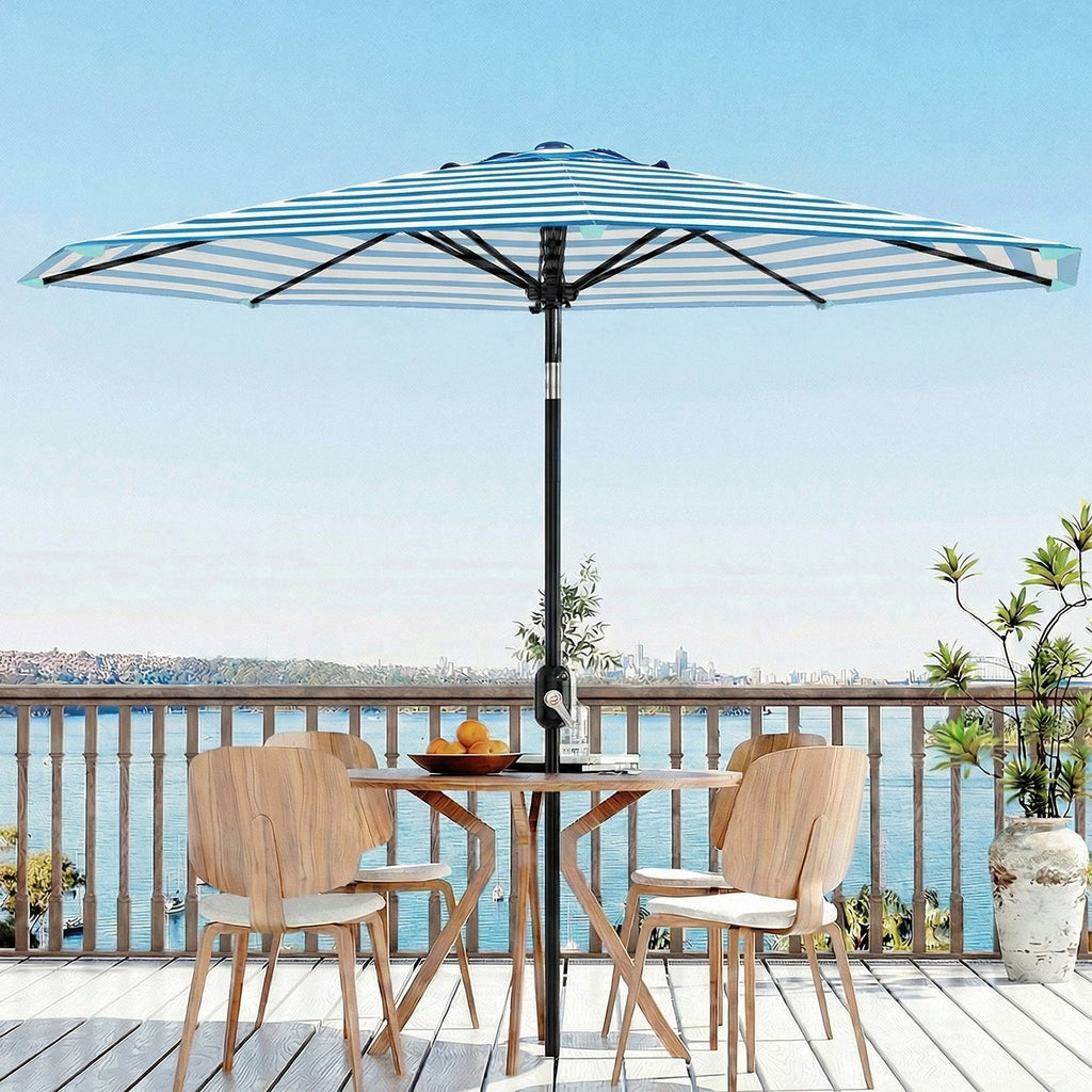 Garvee 9 ft Outdoor Patio Umbrella with 8 Sturdy Ribs, Crank Lift, Push-Button Tilt & UV-Resistant Waterproof Canopy for Pool, Deck, Yard & Garden, Blue & White Stripes
