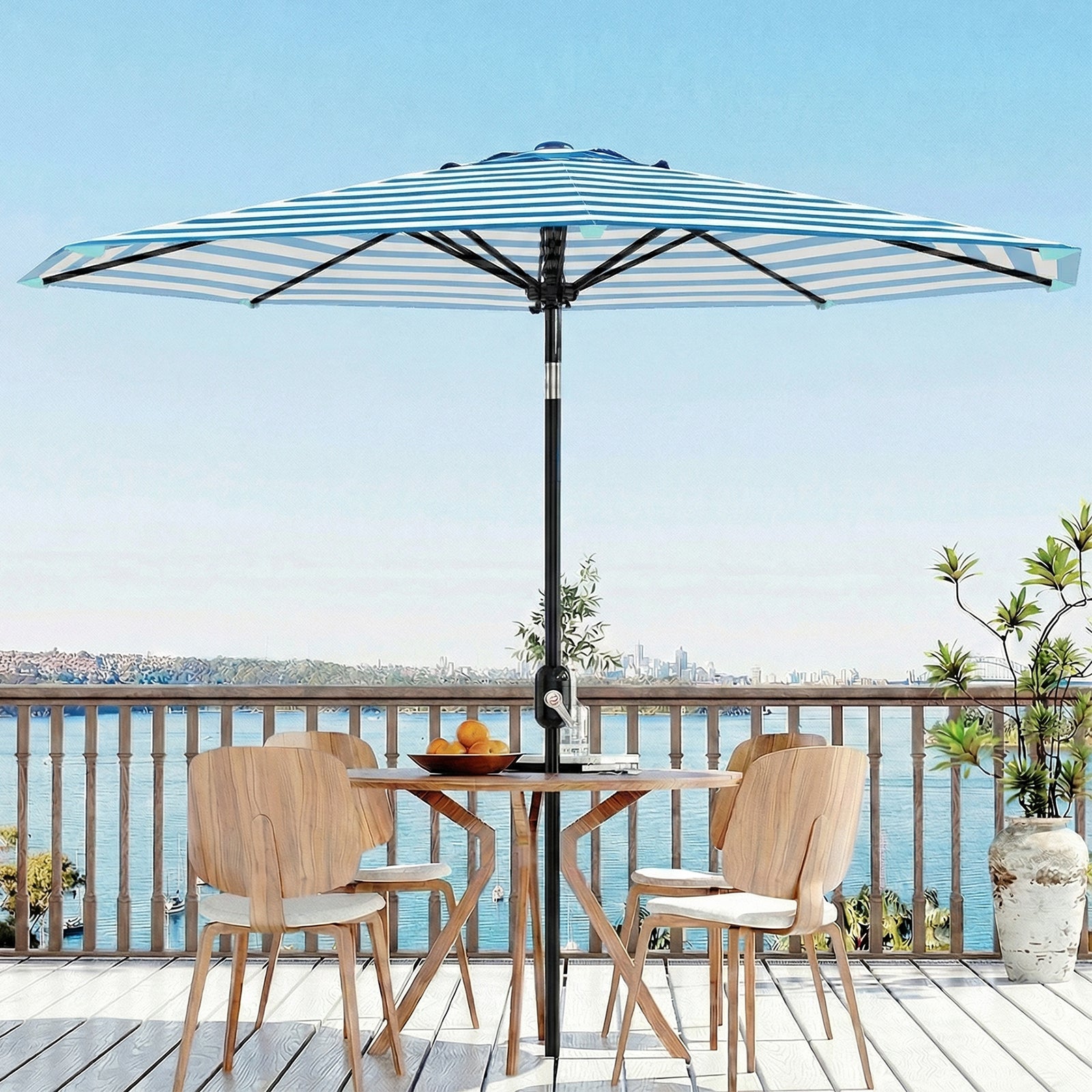 Garvee 9 ft Outdoor Patio Umbrella with 8 Sturdy Ribs, Crank Lift, Push-Button Tilt & UV-Resistant Waterproof Canopy for Pool, Deck, Yard & Garden, Blue & White Stripes