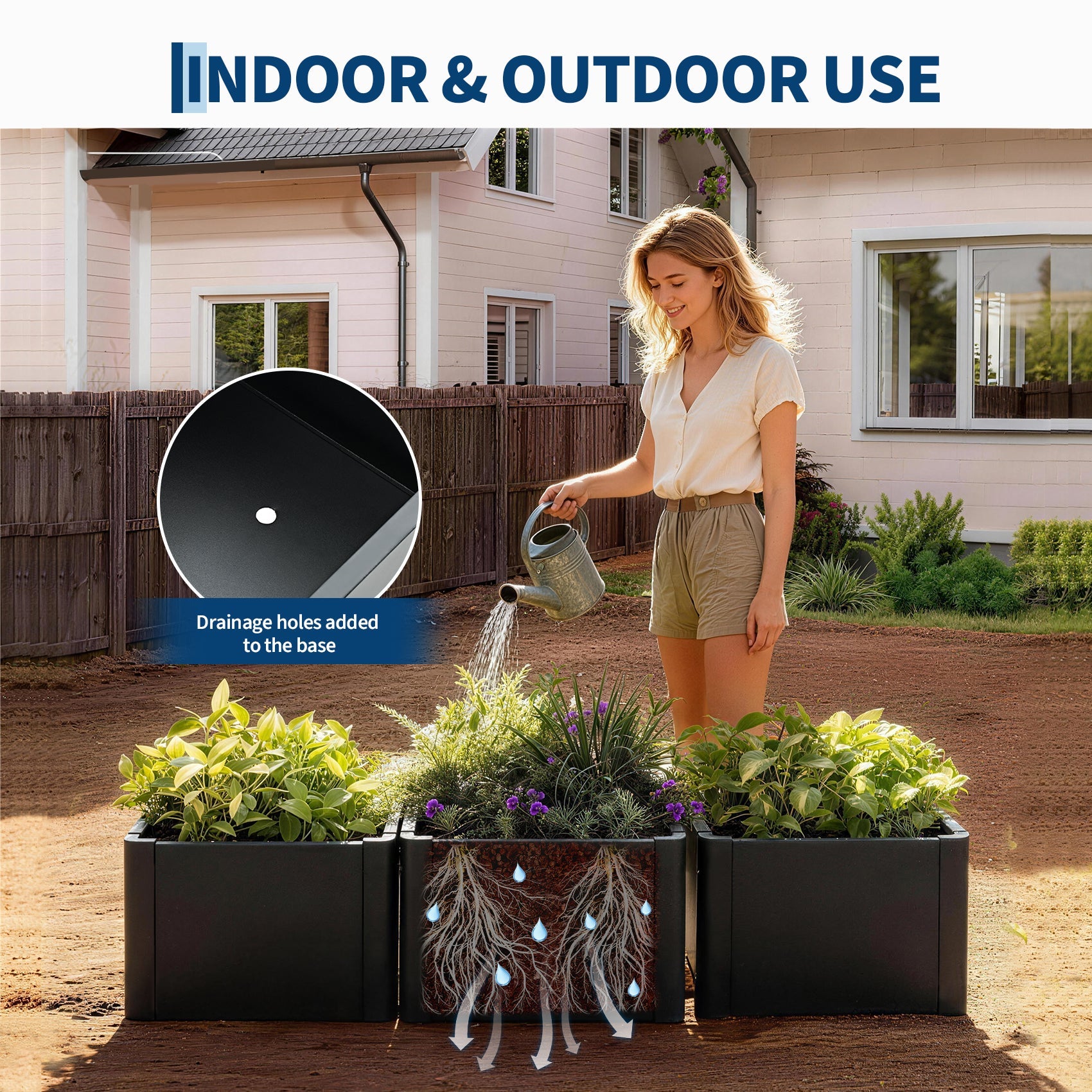 Garvee 20.5" × 20.5" × 11.8" Heavy Duty Square Steel Raised Garden Bed Planter Box – Modern Black, With Base & Drainage Holes, Tool-Complimentary Assembly, For Patio, Balcony, Commercial or Residential Use, With Bottom