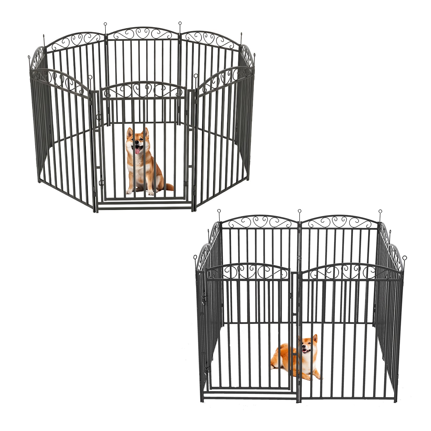 Garvee Heavy Duty Outdoor Decorative Fence Panel for Yard & Garden – 47" Metal Dog Playpen with 1 Door, 8 Panels, Black with Silver Floral Design – Black Base with Silver Design, 8 Pieces