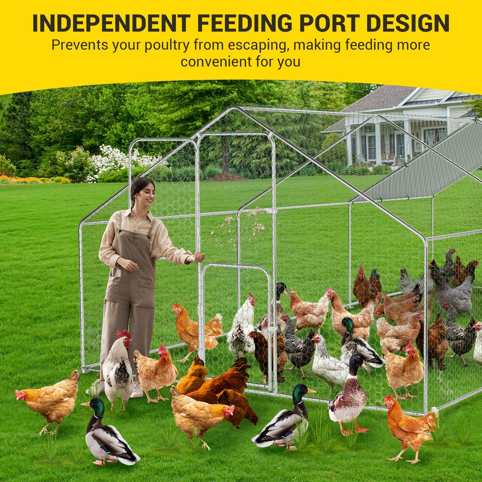 Garvee Heavy-Duty Walk-In Metal Chicken Coop for Backyard & Farm – Double Lockable Doors, Galvanized Frame, Waterproof UV-Resistant Cover, Peaked Roof, Large Poultry Hen House, 9.8' W x 19.7' L x 6.6' H