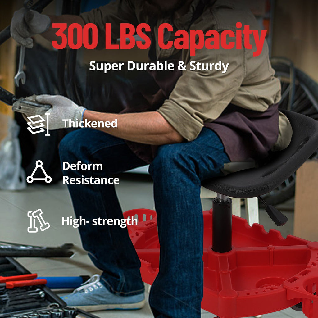Garvee Heavy-Duty Adjustable Rolling Mechanic Stool, 300 lbs Capacity, 360° Swivel Wheels, Ergonomic Padded Seat with Short Backrest, Large Tool Tray, Water Bottle Holder, and Lifting Ring, Red